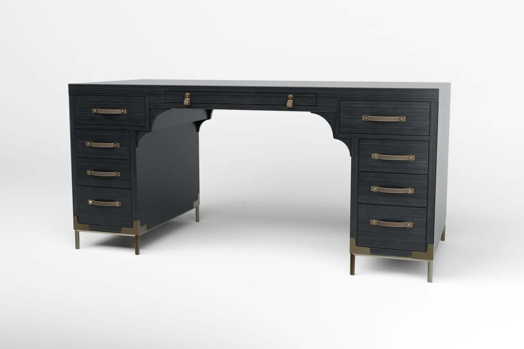 North Writing Desk in deep charcoal wood with brass accents, multiple drawers, leather-wrapped handles, and sleek brass legs, designed for spacious 3D CAD workspace.