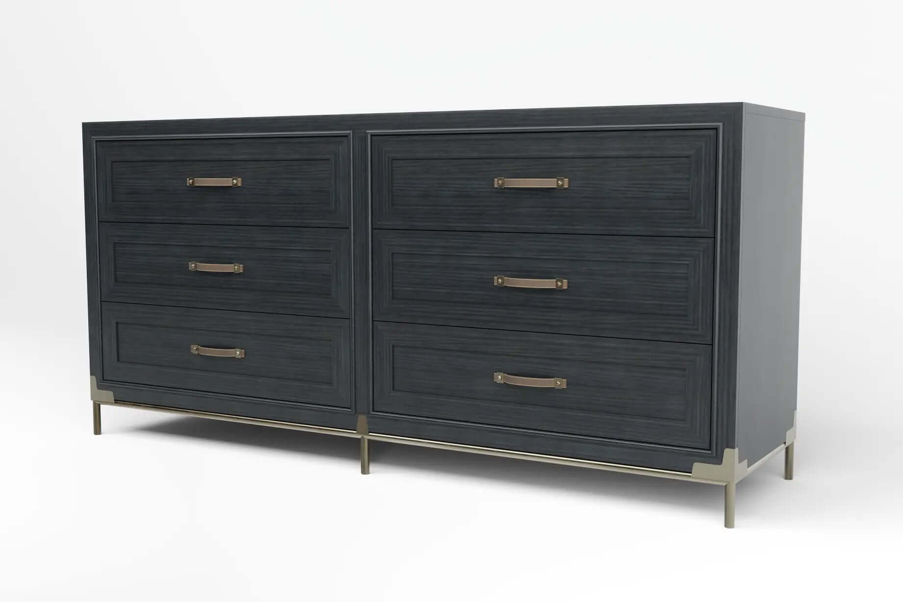 North 6 Drawer Dresser in deep charcoal wood with brass accents and six spacious drawers