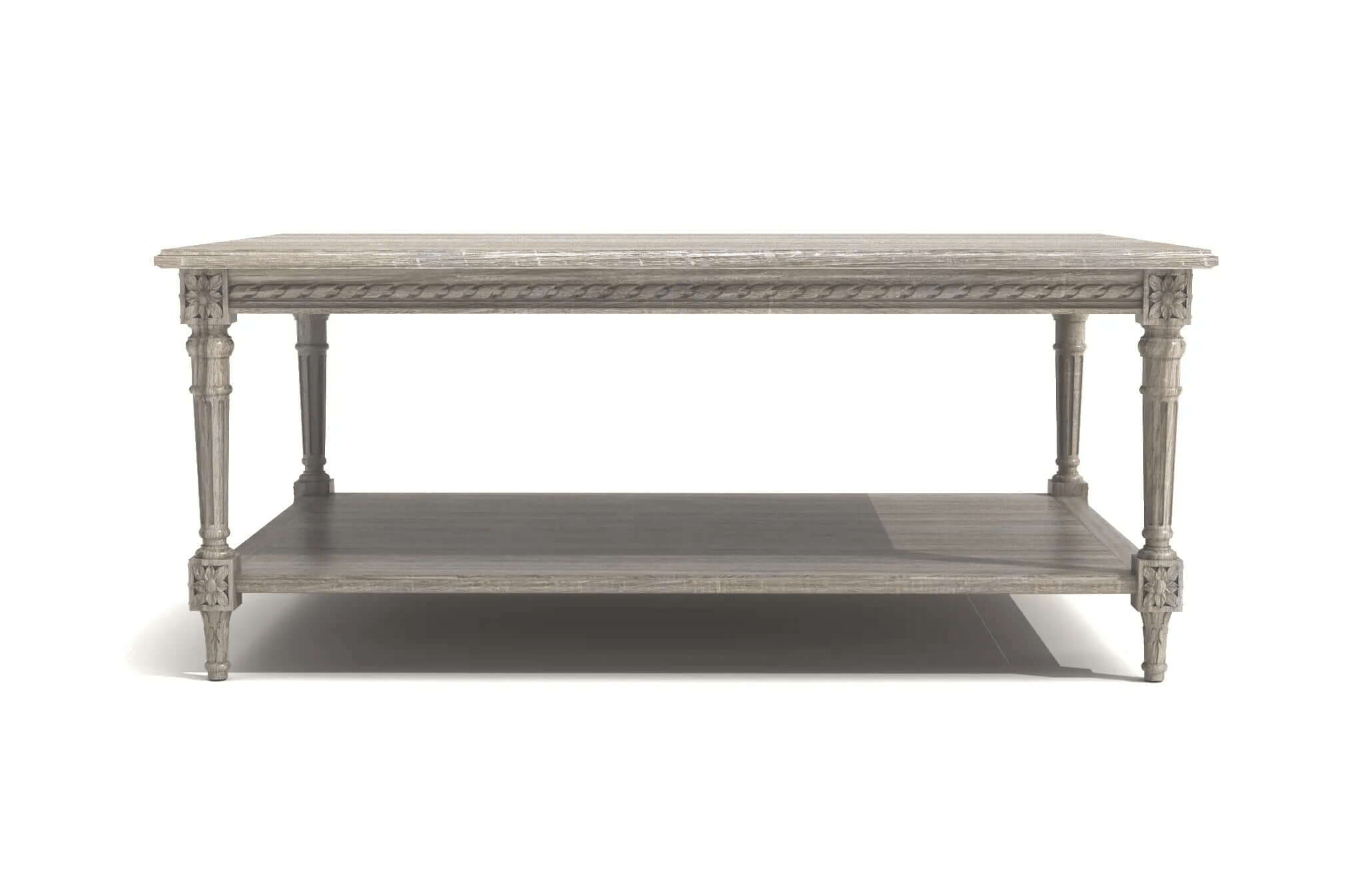 3D CAD design of Odale Coffee Table with carved floral details and fluted legs