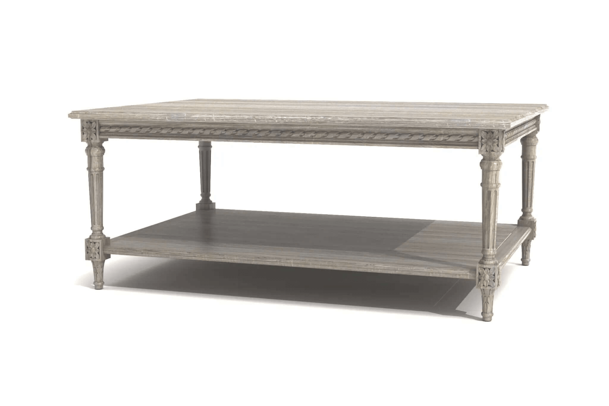 Odale Coffee Table 3D CAD design showcasing carved floral medallions, fluted legs, and spacious lower shelf in a weathered wood finish