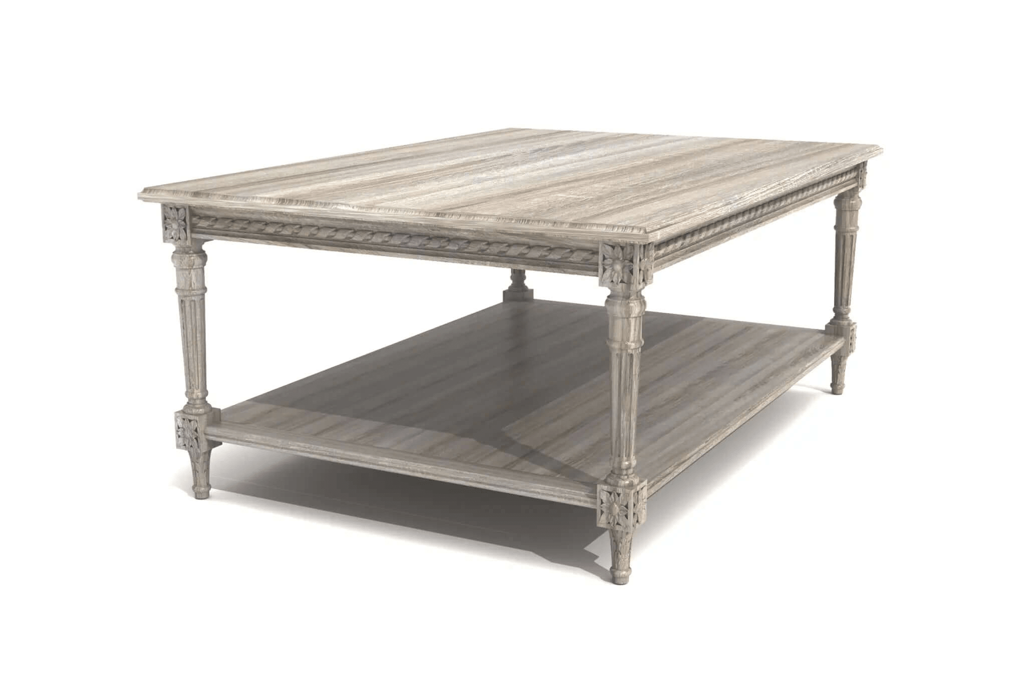 3D CAD design of Odale Coffee Table with carved floral details and fluted legs