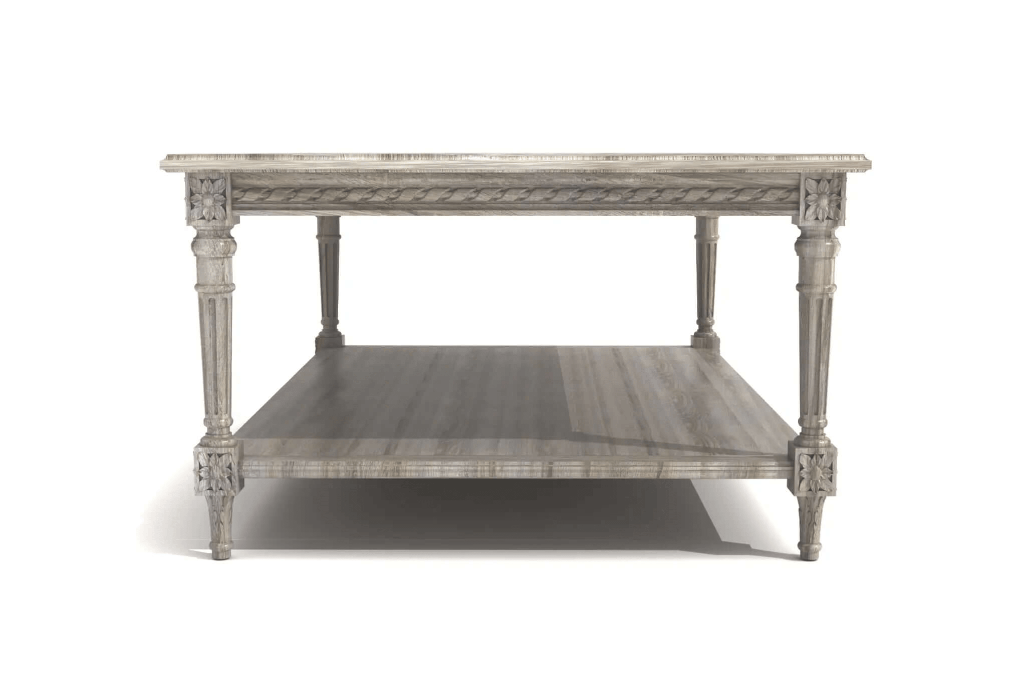3D CAD design of Odale Coffee Table with carved floral medallions and fluted legs