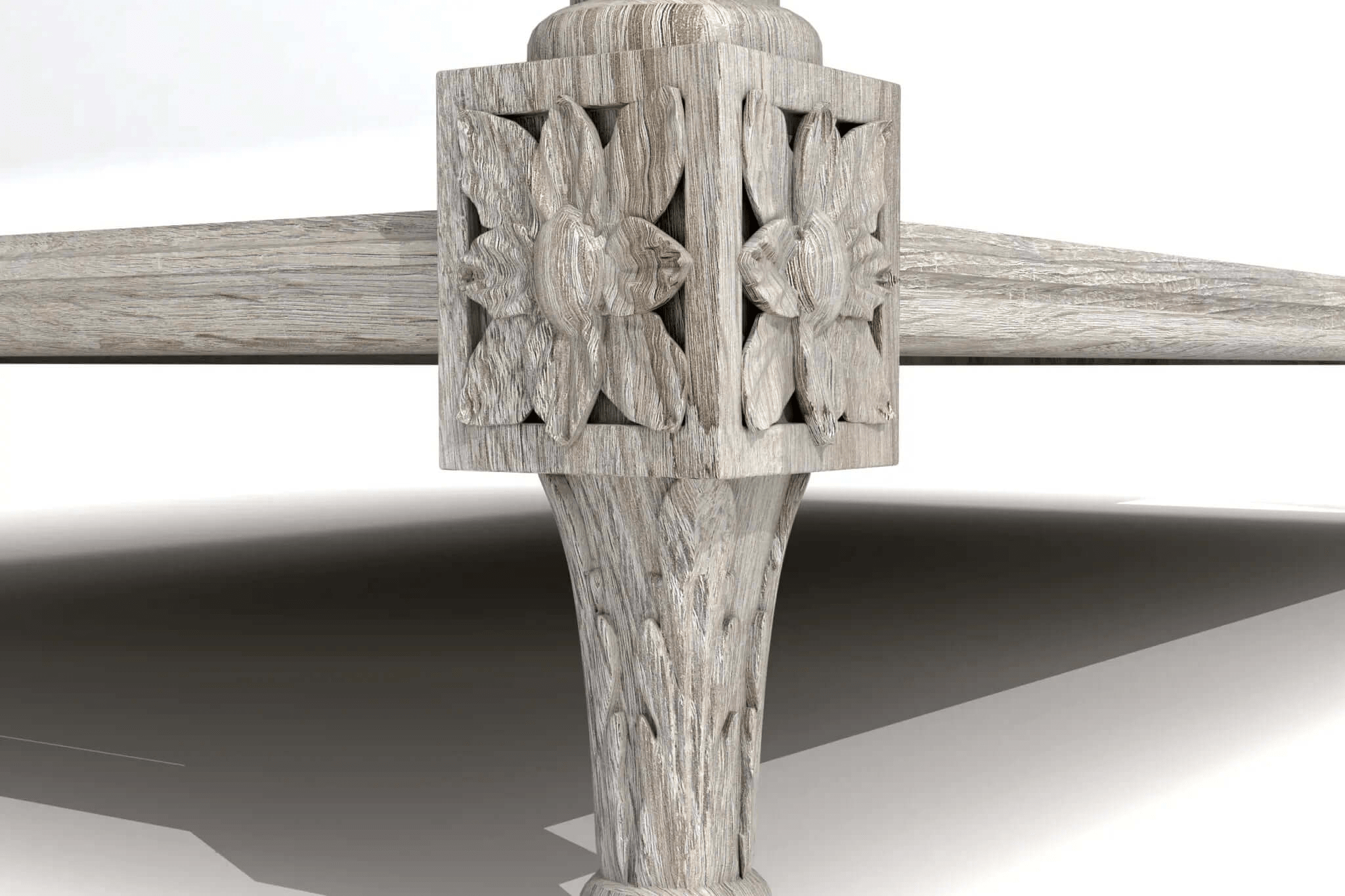Odale Coffee Table 3D CAD model with carved floral medallions and fluted legs in weathered wood finish