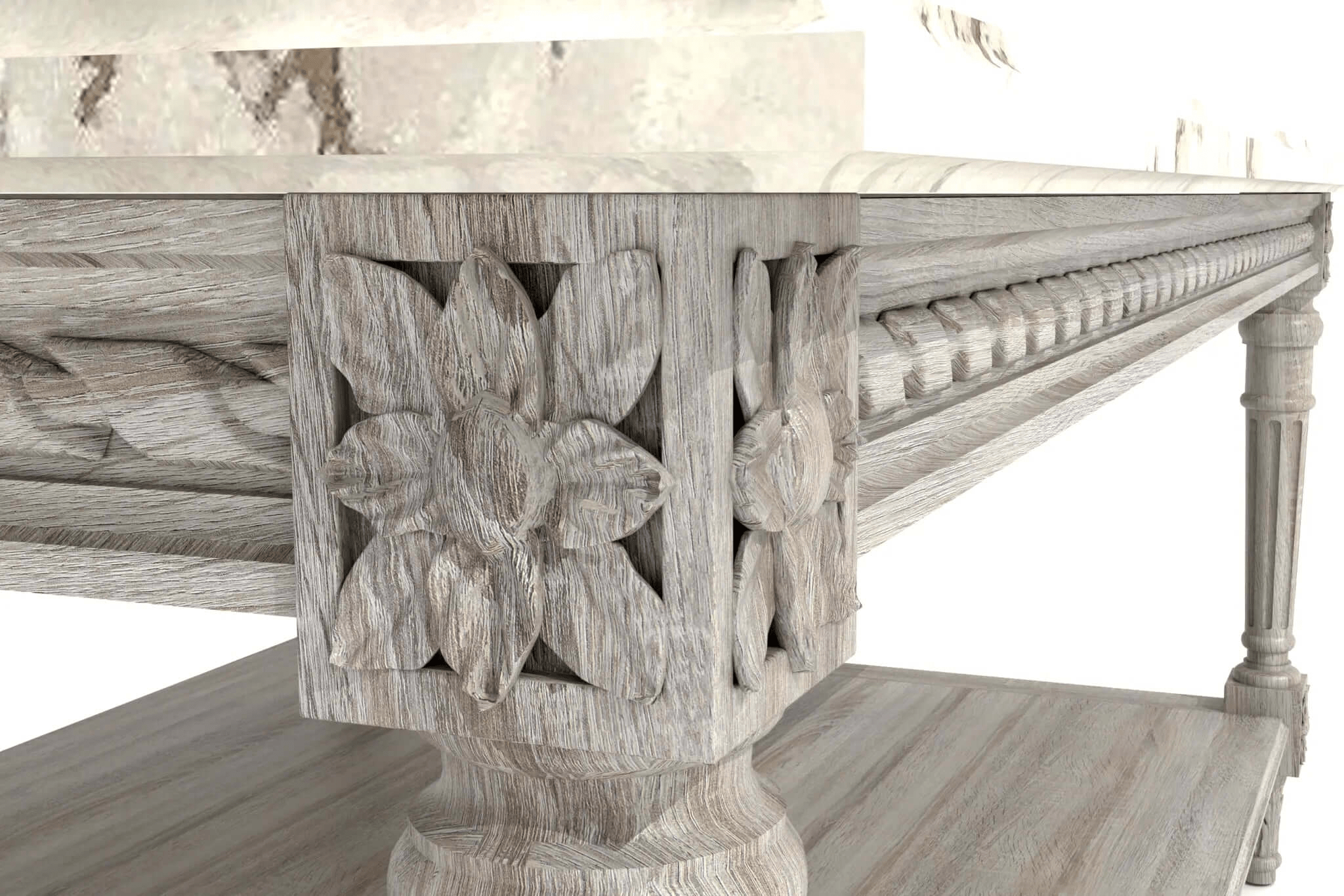 Odale Coffee Table 3D CAD design with floral medallions and fluted legs