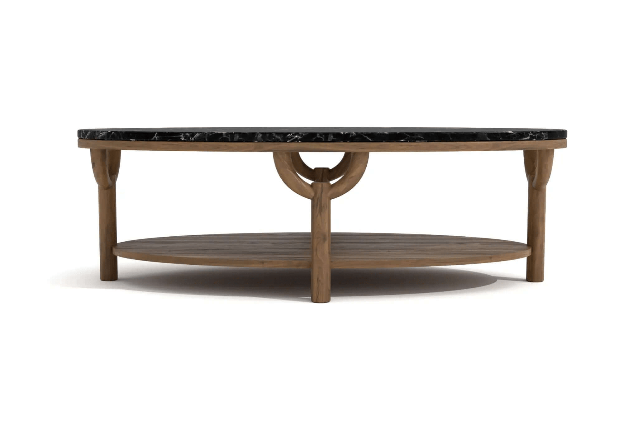 Olive Oval Coffee Table with black marble top and walnut wood base in modern living room setting