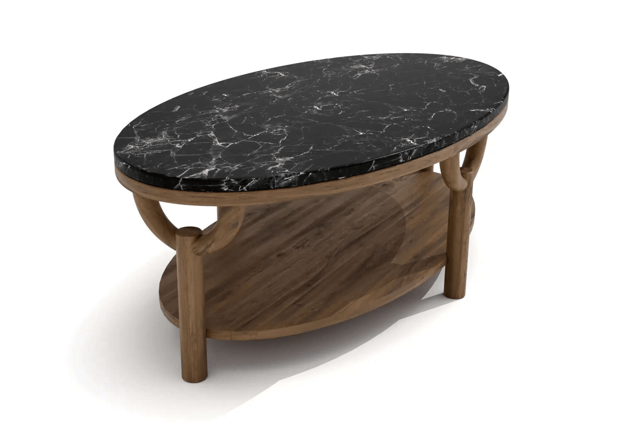 Olive Oval Coffee Table with black marble top and walnut wood base in 3D CAD rendering