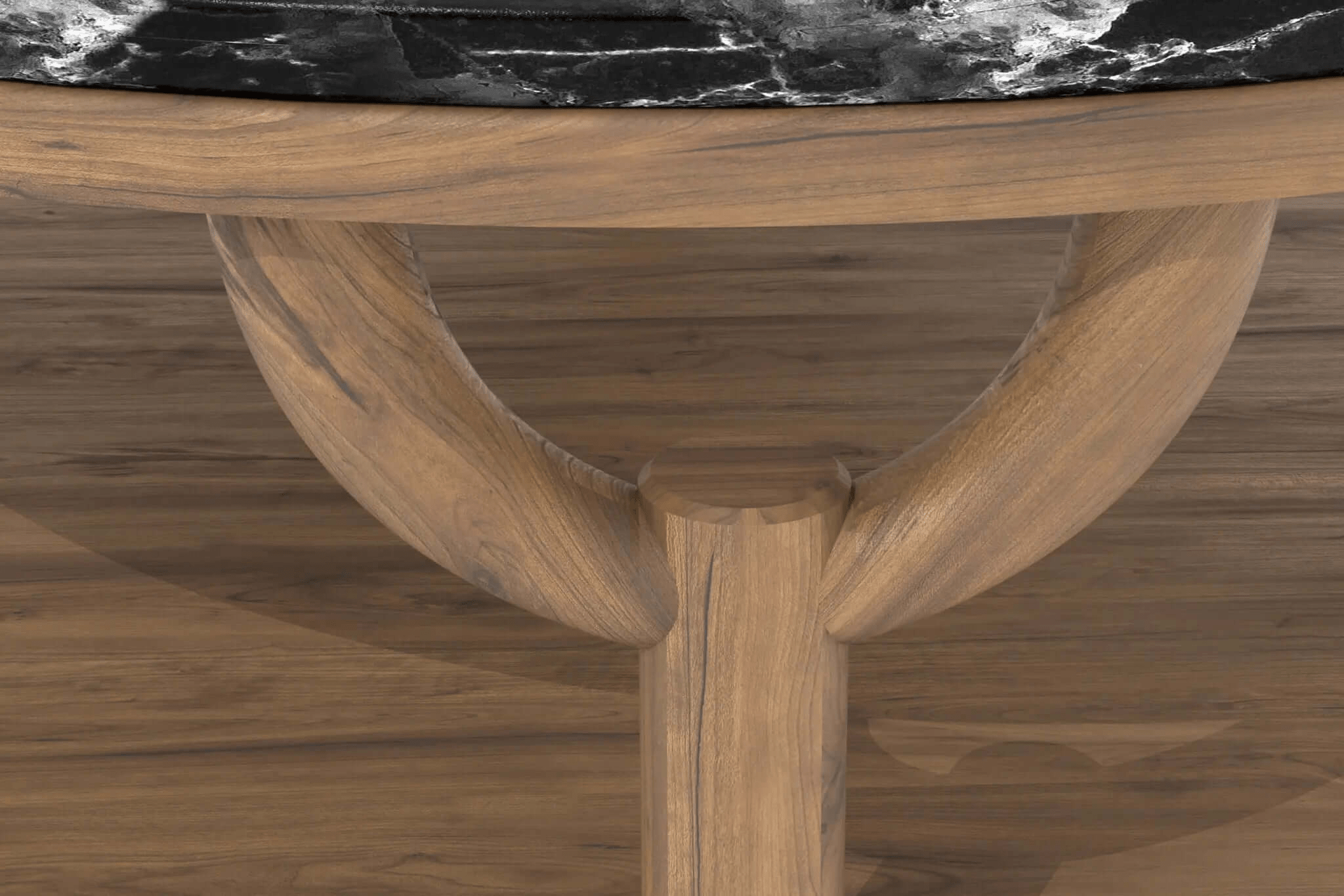 Olive Round Coffee Table with black marble top and walnut-finish curved base in 3D CAD design