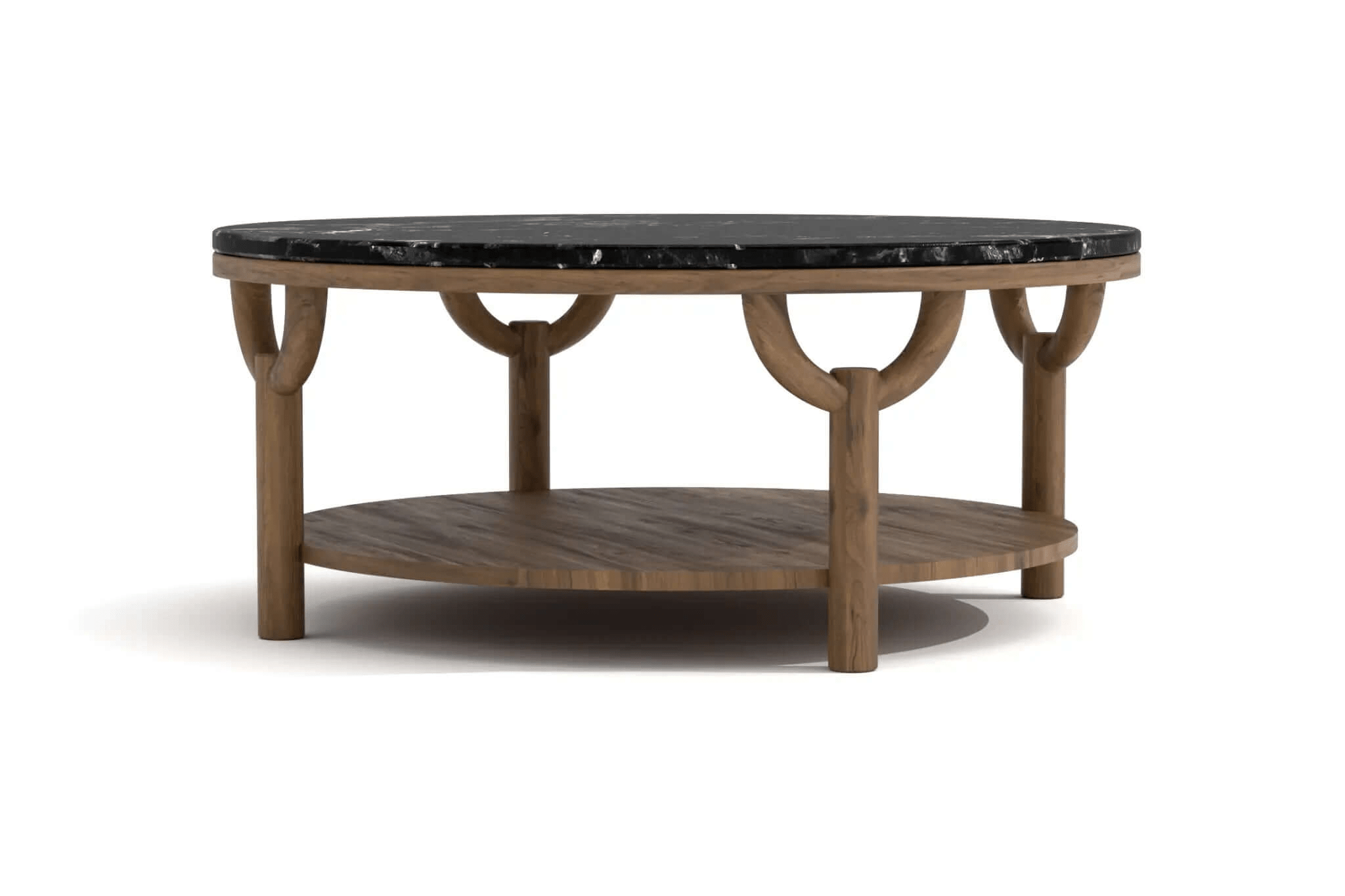 Olive Round Coffee Table with black marble top and walnut base in 3D CAD design