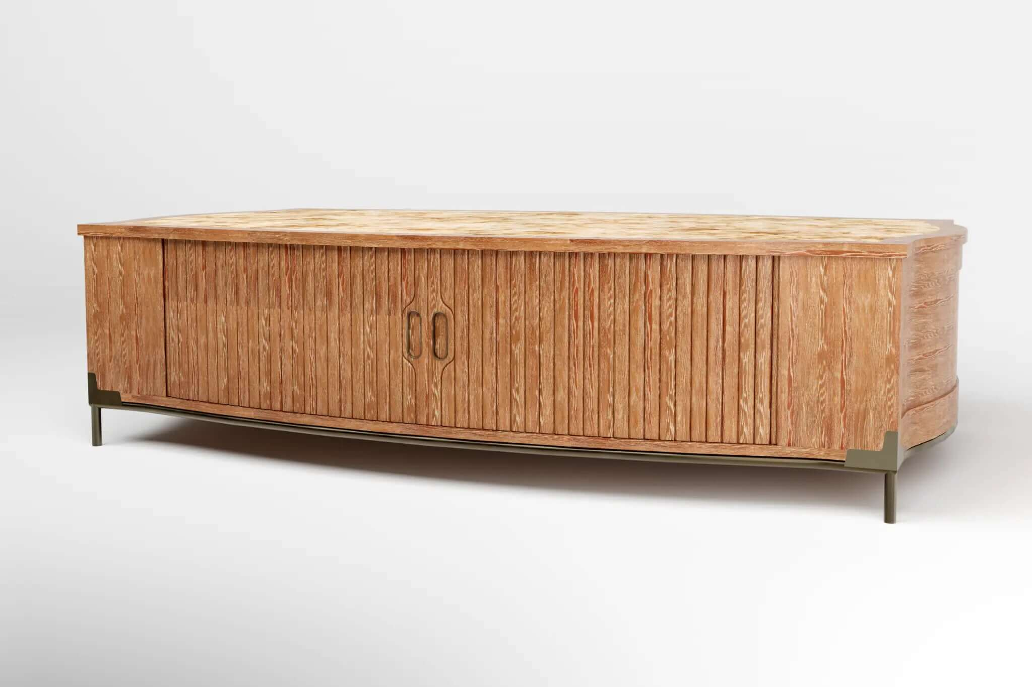 Orbison Coffee Table with sliding doors, wood grain finish, brass accents, and curved edges in modern rustic design