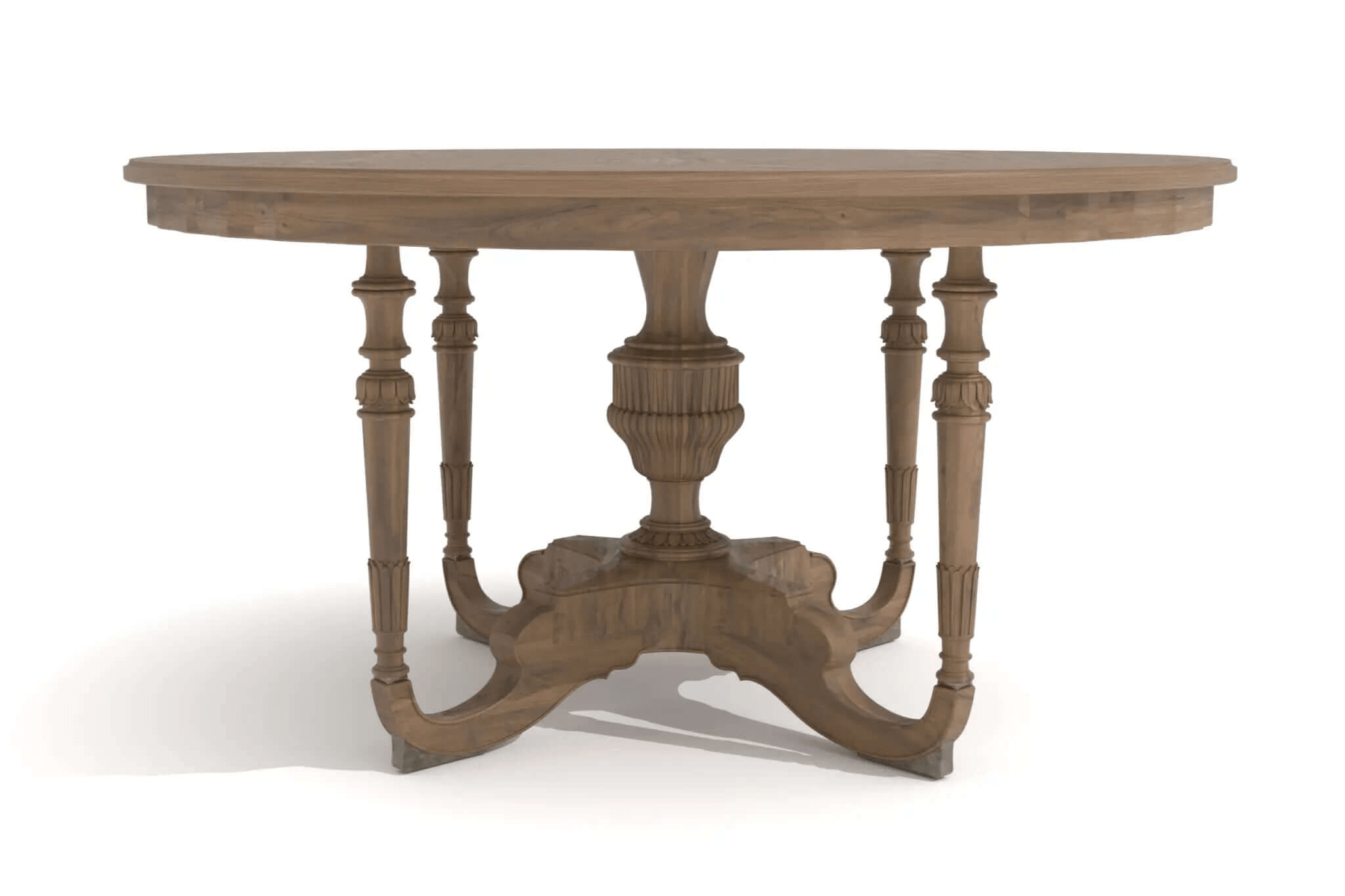 Oslo Dining Table with starburst veneer and ornate pedestal base in natural wood tones