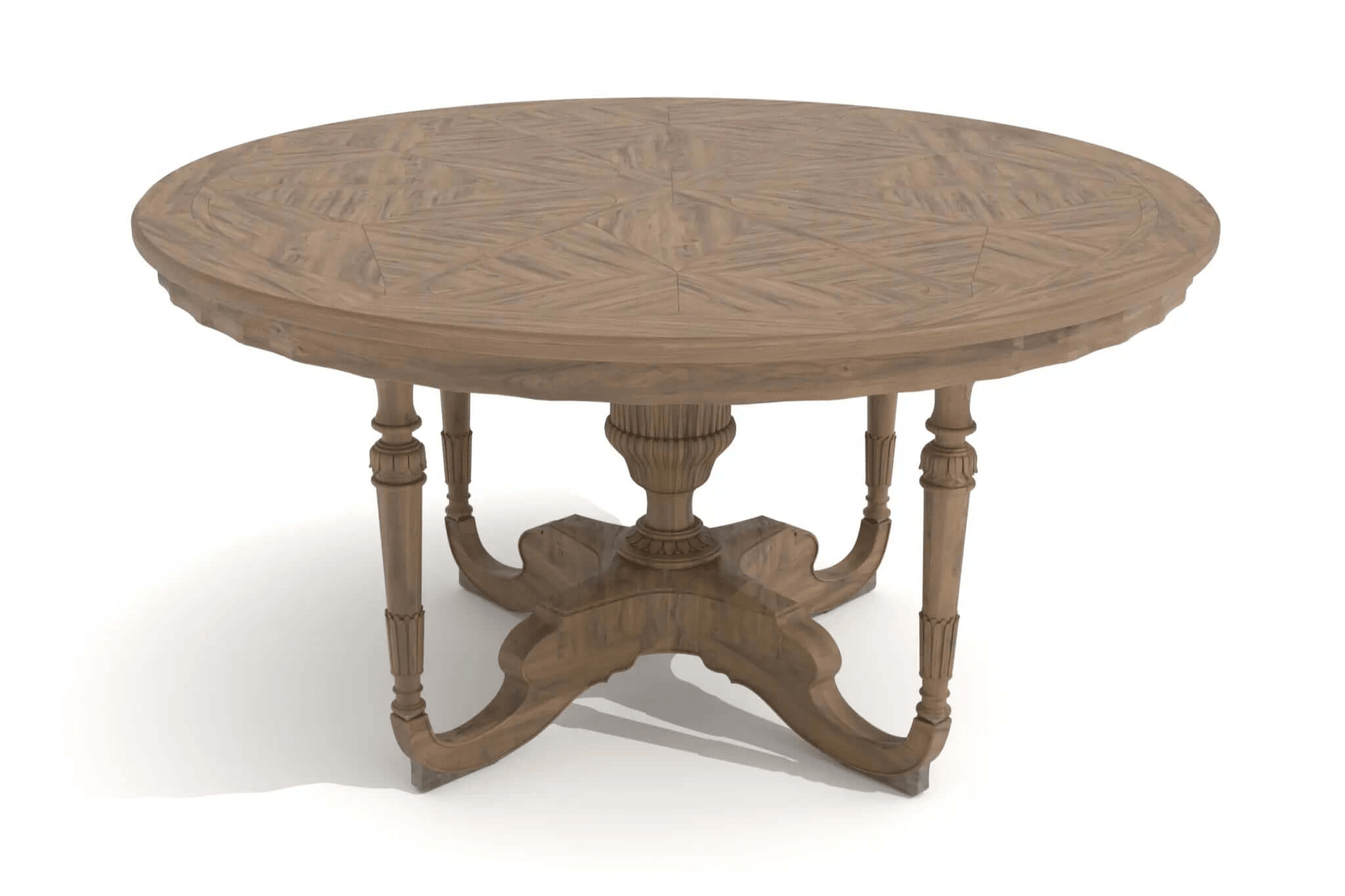 Oslo Dining Table with starburst veneer top and ornate pedestal base in natural wood tones