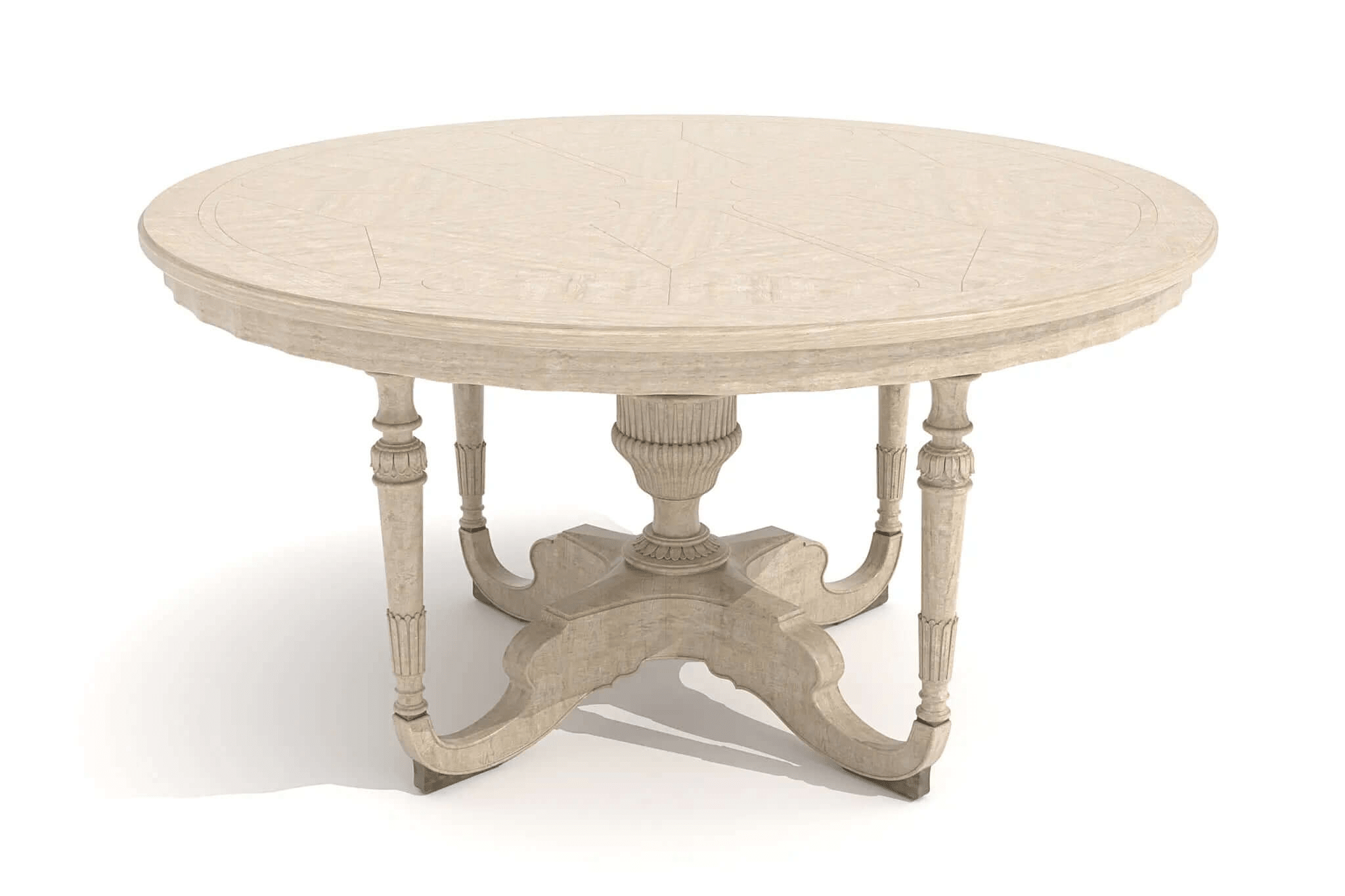 Oslo Dining Table 3D CAD model showcasing round starburst veneer top and ornate pedestal base in natural wood tones