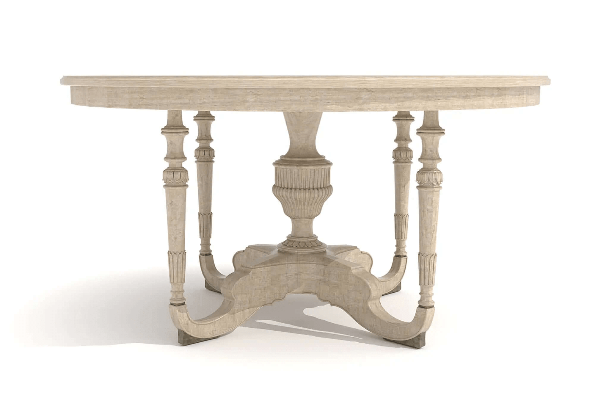 Oslo Dining Table with starburst veneer top and ornate pedestal base in natural wood tones