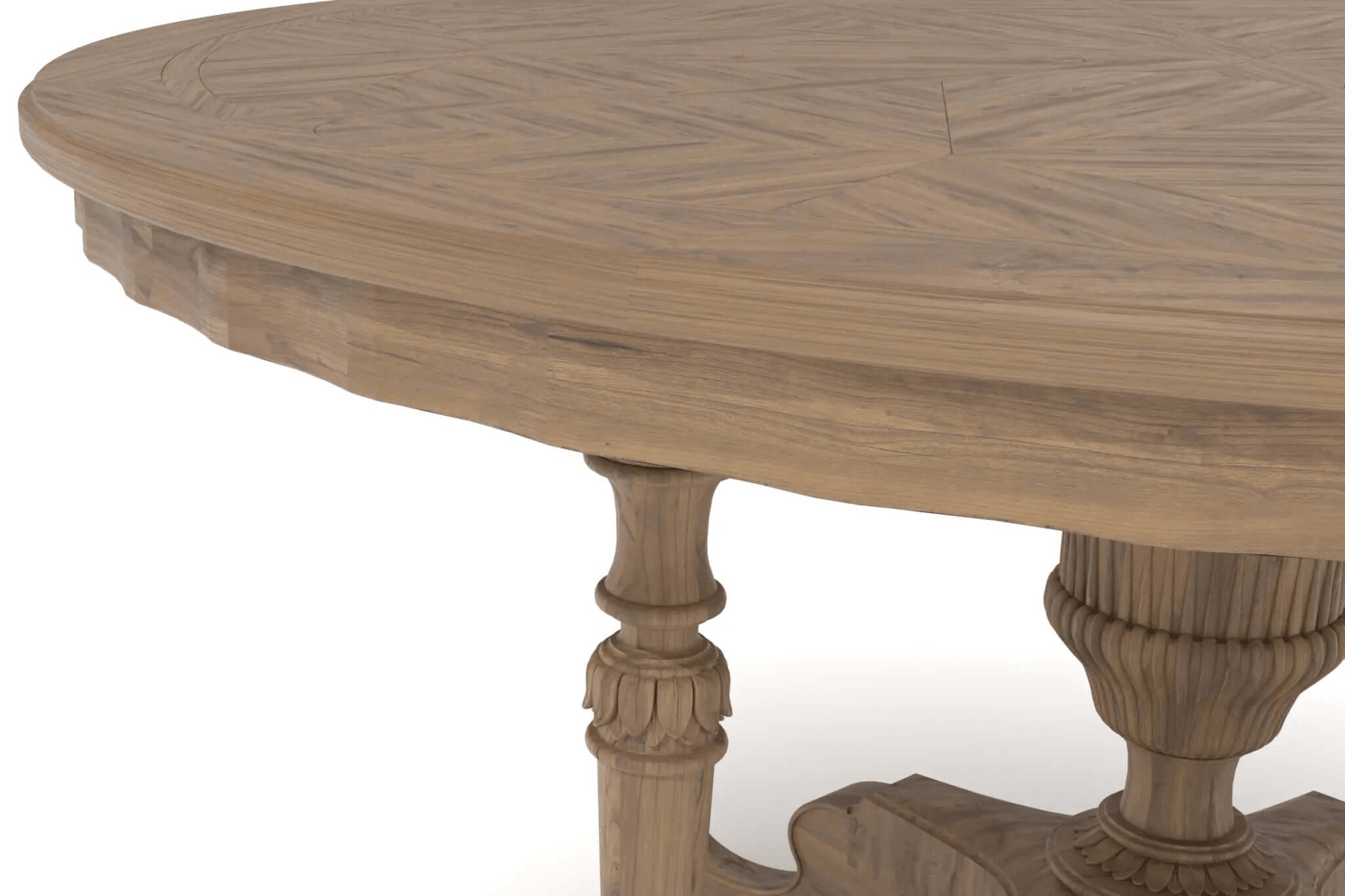 Oslo Dining Table 3D CAD rendering showcasing round top with starburst veneer and ornate pedestal base