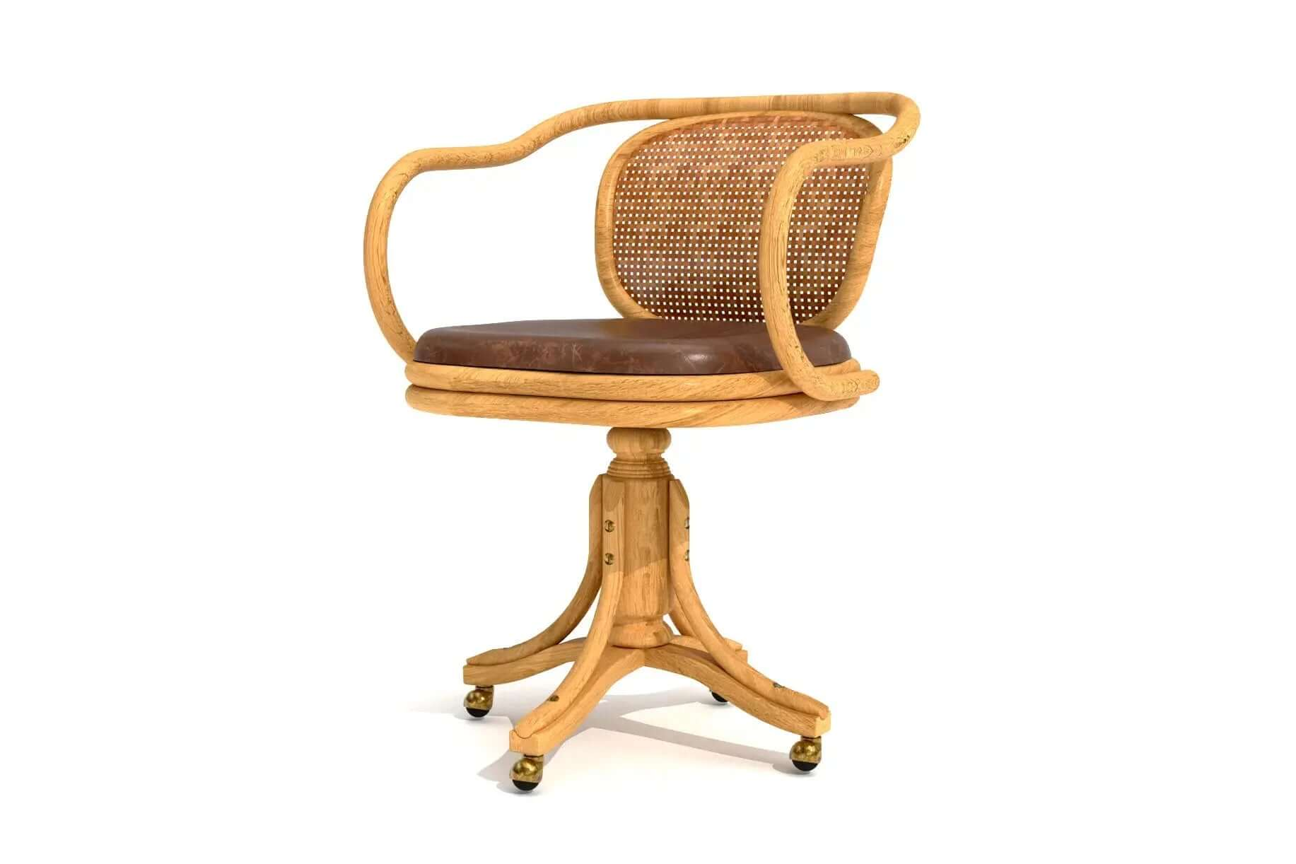 PHi Phi Desk Chair with cane backrest, faux bamboo frame, leather-look cushion, wooden base, and casters in 3D CAD design