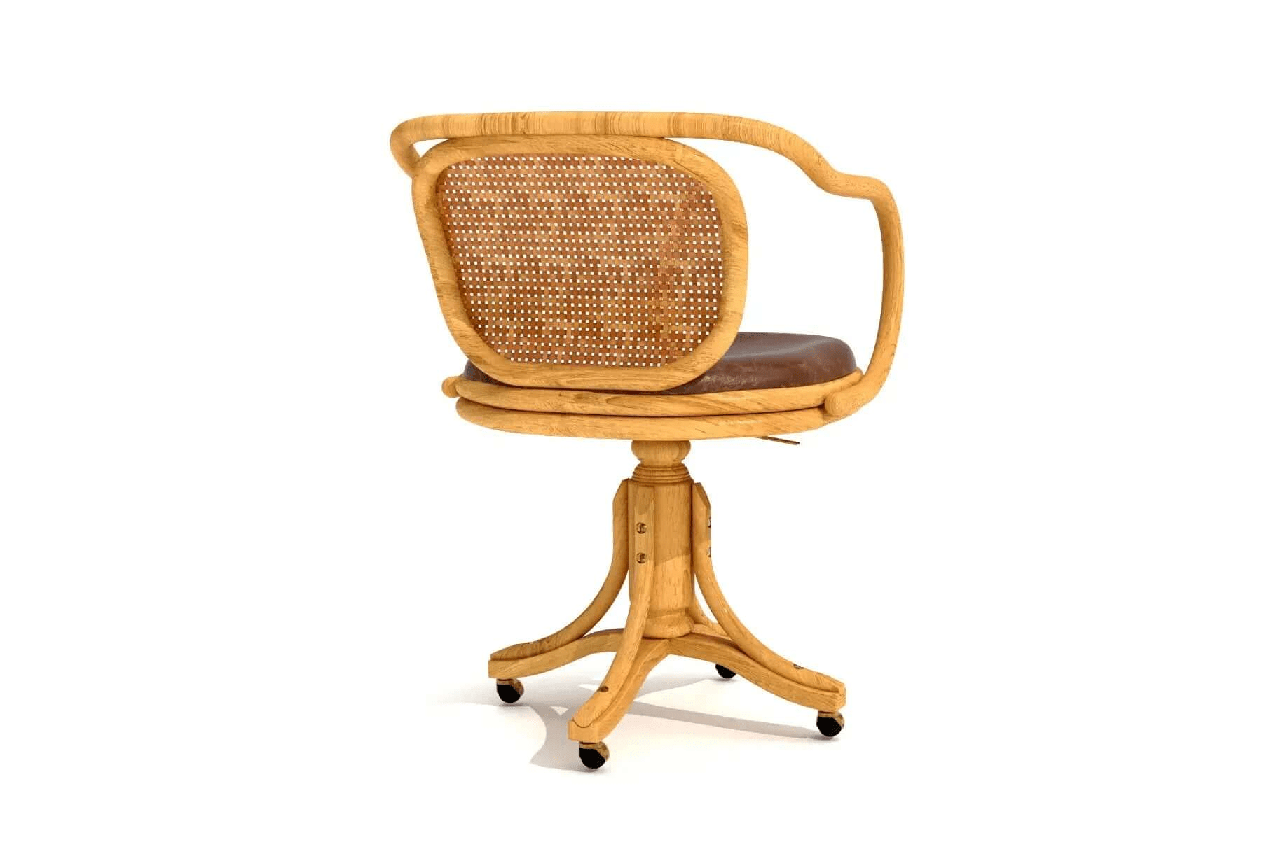 PHi Phi Desk Chair with curved cane backrest, faux bamboo frame, rattan accents, leather-look cushion, and wooden base with casters in 3D CAD design