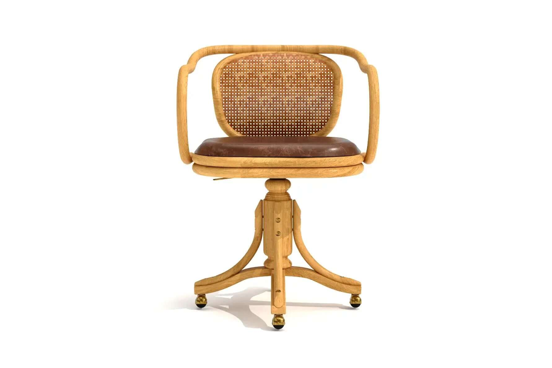PHi Phi Desk Chair with cane backrest, leather-look seat, wooden base, and casters, designed for comfort and style.