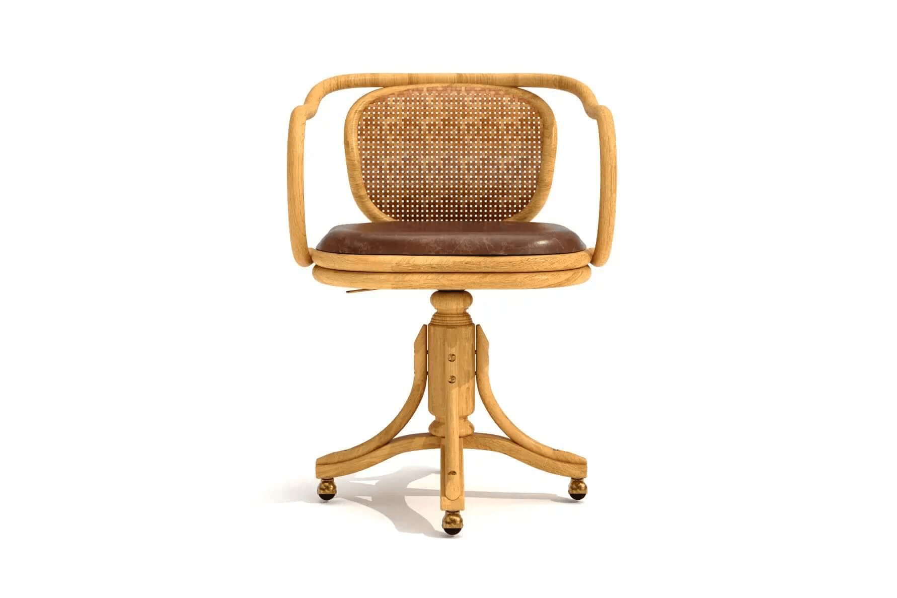 PHi Phi Desk Chair 3D CAD design with cane backrest, faux bamboo frame, leather-look cushion, and wooden base with casters