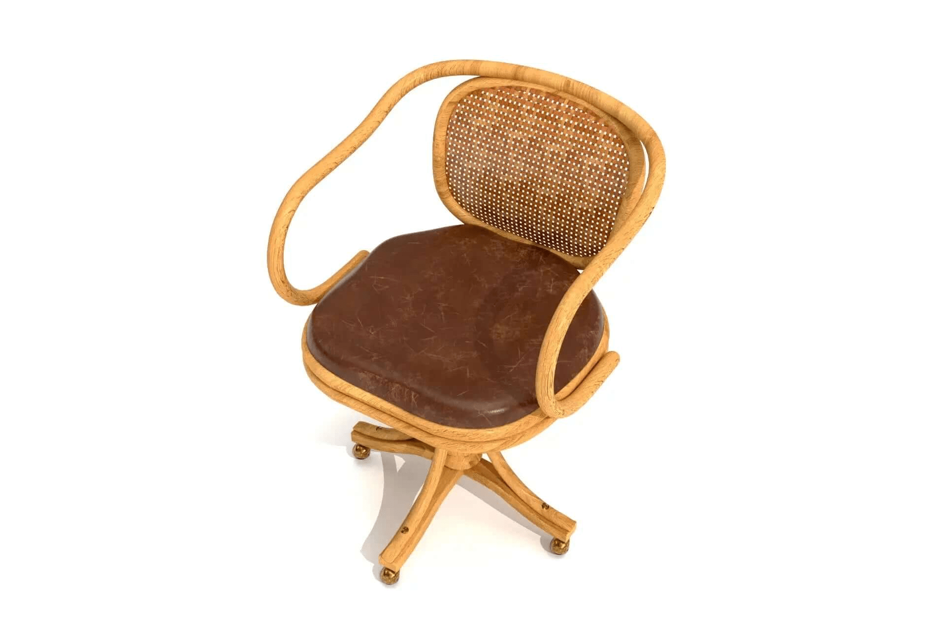 PHi Phi Desk Chair with curved cane backrest, faux bamboo frame, leather-look cushion, and wooden base with casters in 3D CAD design