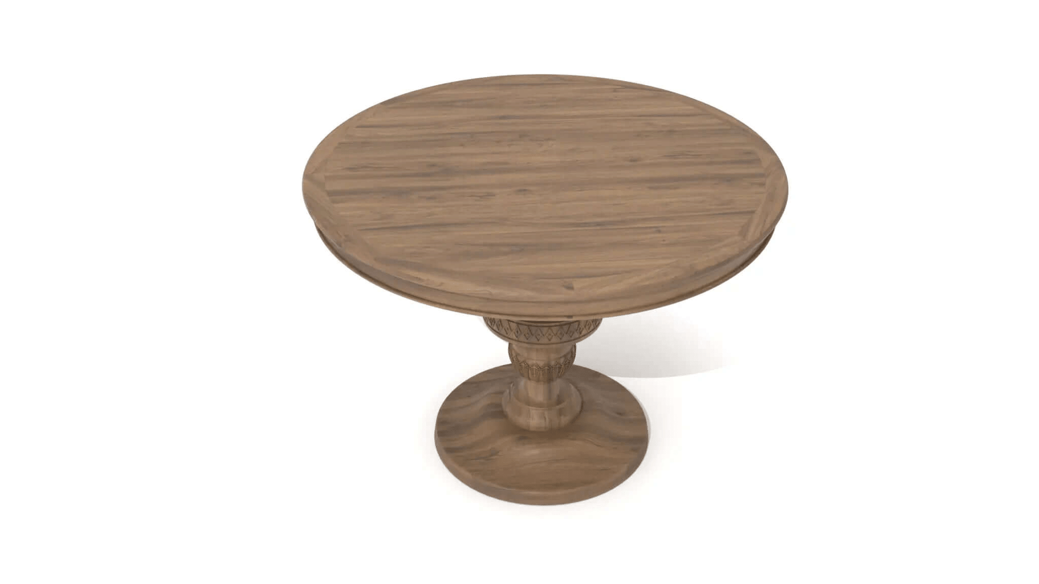 3D CAD rendering of Roma Center Table with round honey-brown wood top and carved pedestal base