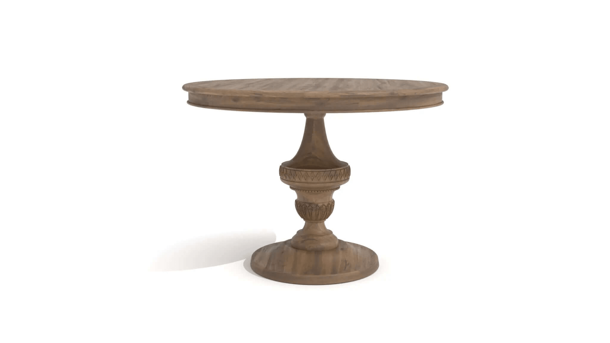 Roma Center Table round pedestal with hand-carved column and honey-brown wood finish in modern living room