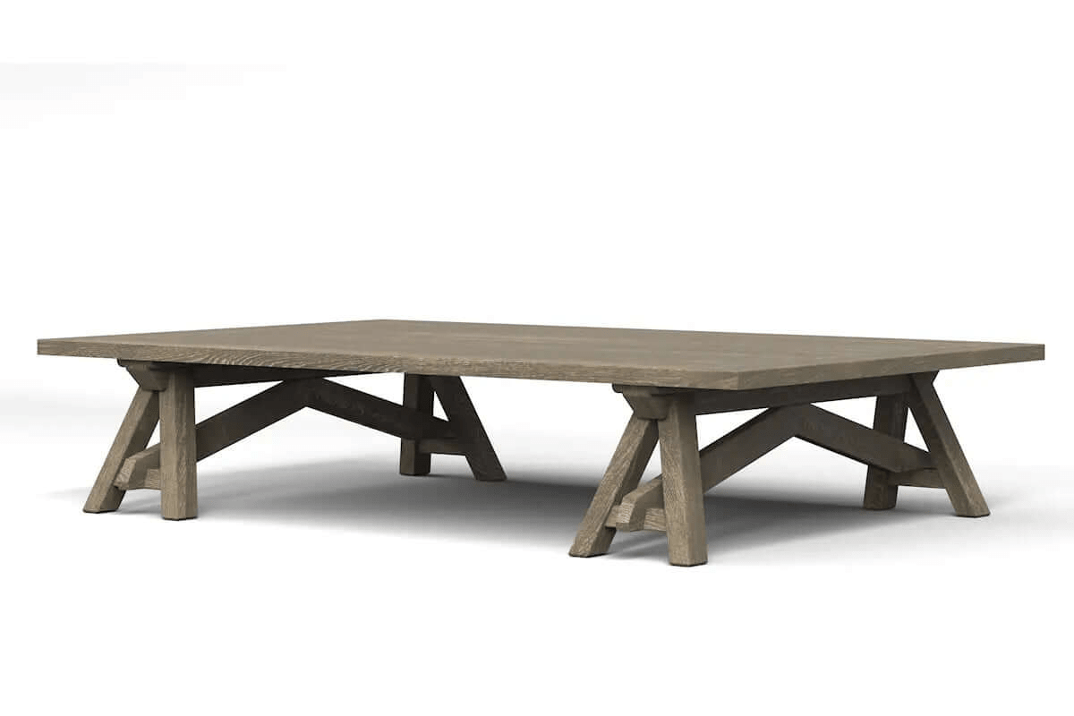 Sawhorse Coffee Table with solid wood top and angled sawhorse-style legs in modern rustic design