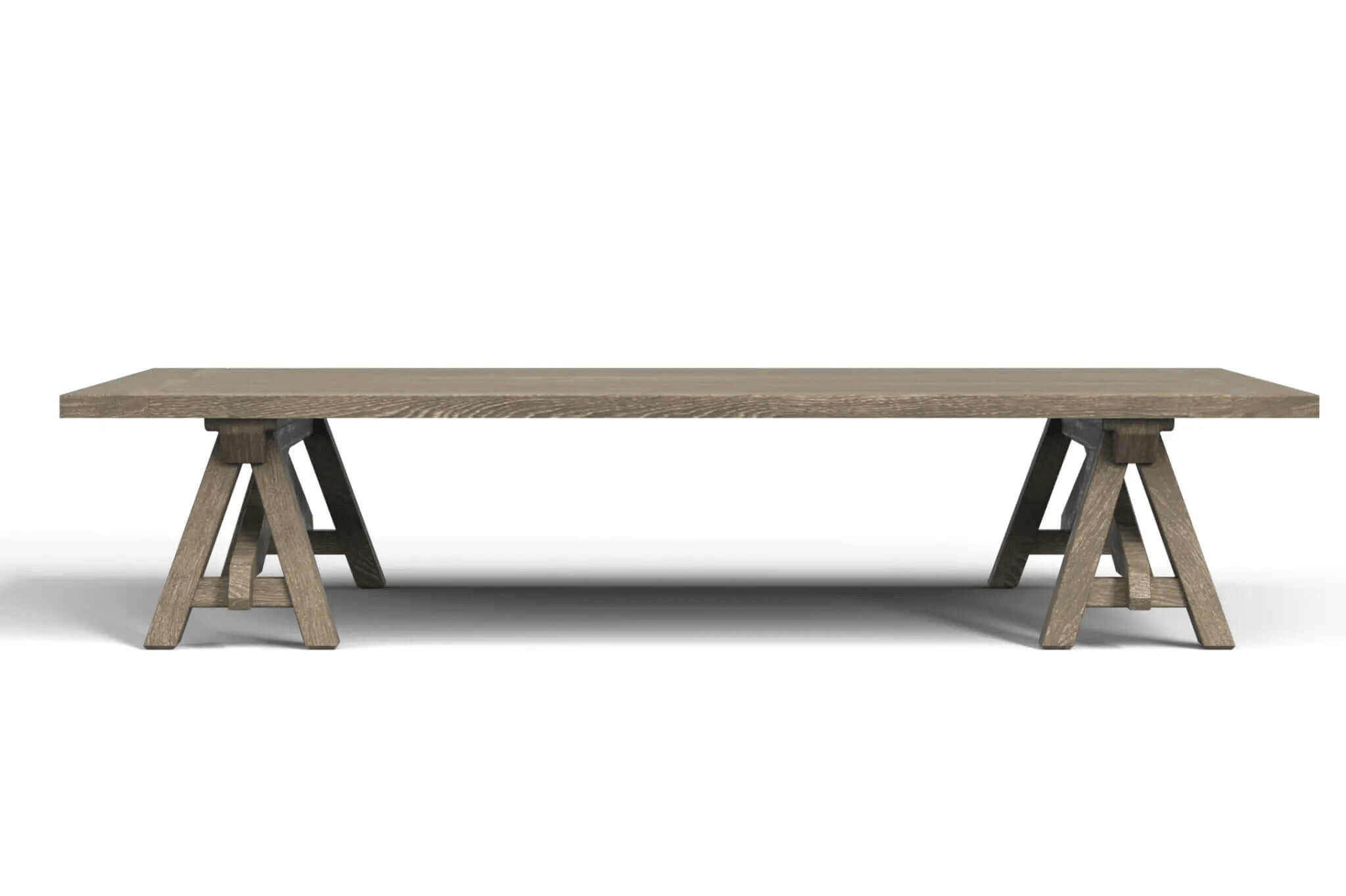 Sawhorse coffee table with solid wood top and angled legs in modern living room setting