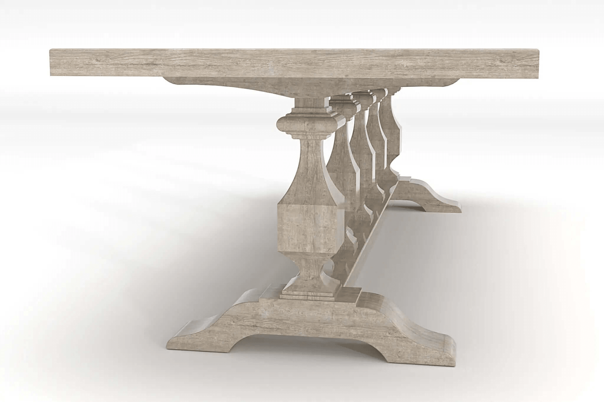 3D CAD model of St. Barts Dining Table crafted from solid oak with carved pedestal legs and trestle support