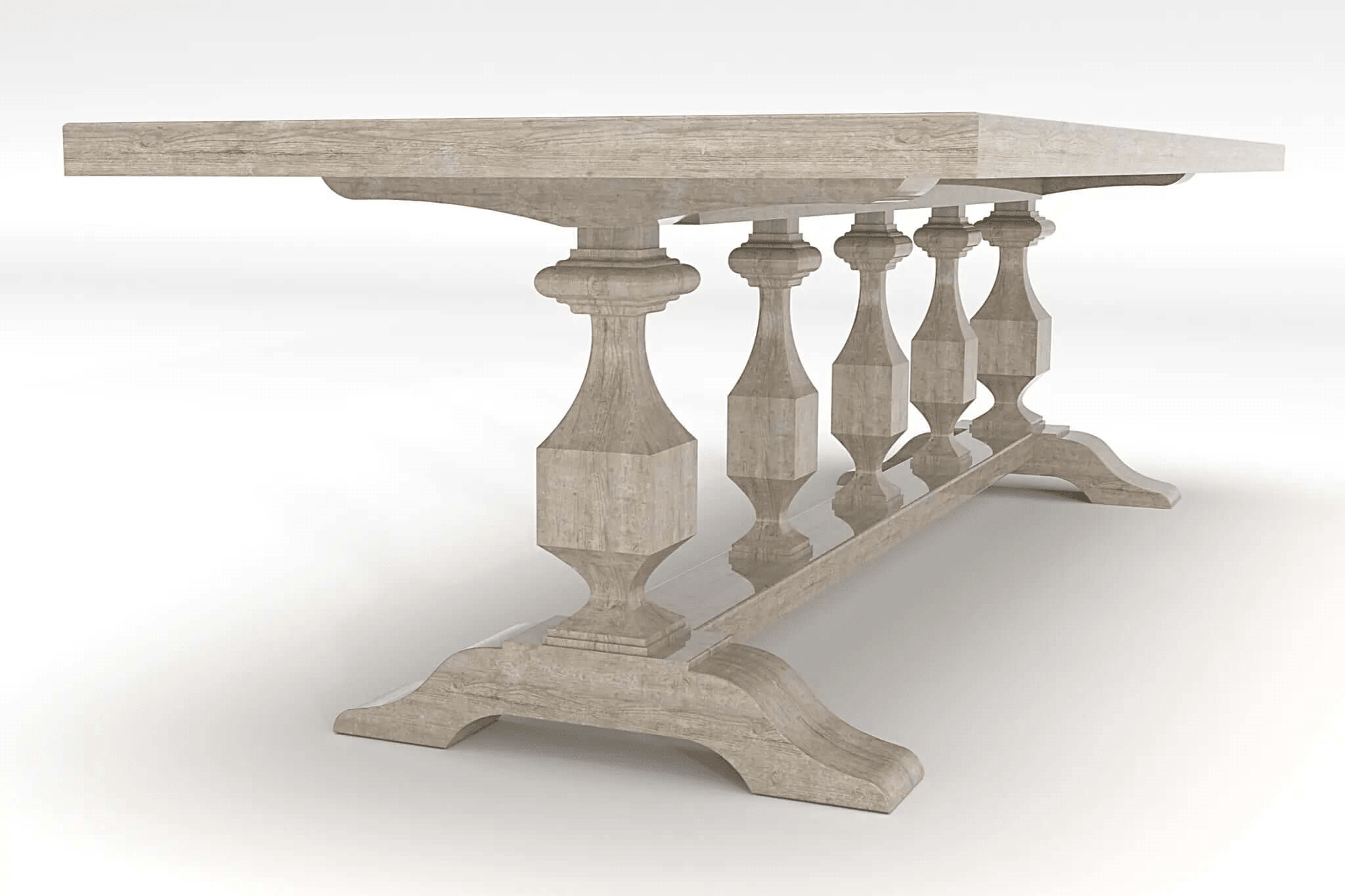 3D CAD model of St. Barts Dining Table solid oak with carved pedestal legs and trestle support