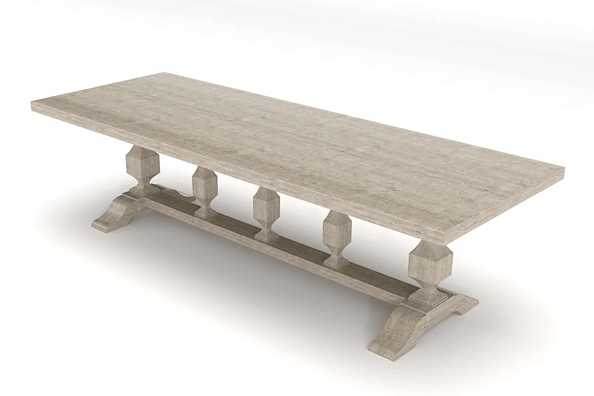 3D CAD model of St. Barts Dining Table in solid oak with carved pedestal legs and trestle support