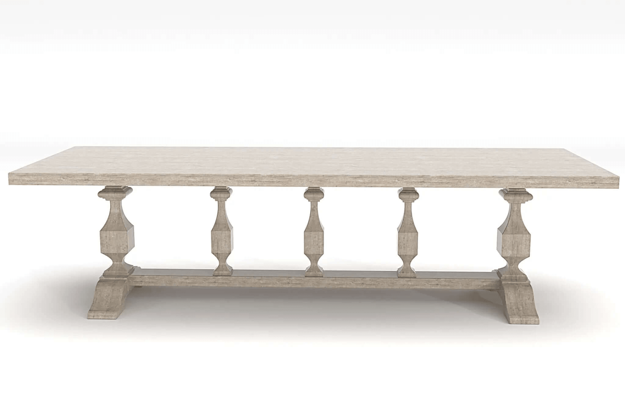 3D CAD model of St. Barts Dining Table in solid oak with carved pedestal legs and trestle support