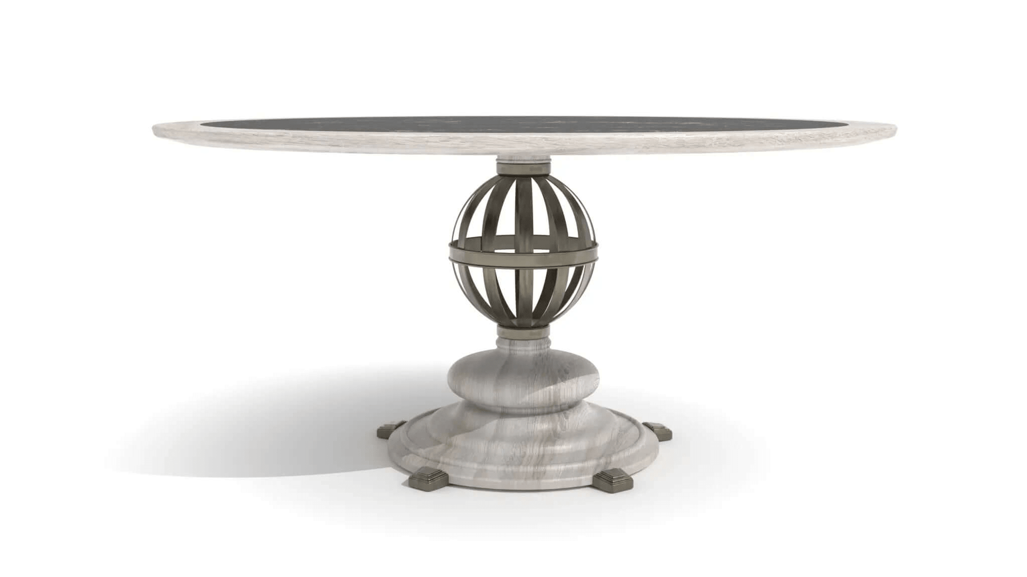 Stamford Dining Table 3D CAD rendering with black marble top, wooden rim, and metal orb base