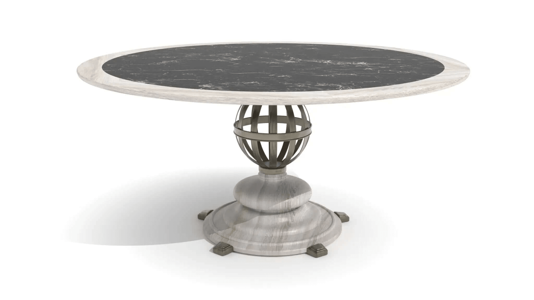 3D CAD rendering of Stamford Dining Table with black marble top and sculptural metal orb base