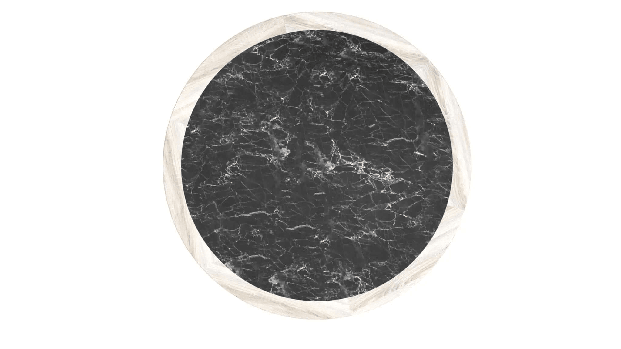 3D CAD rendering of Stamford Dining Table with black marble top, wooden rim, and metal orb pedestal base