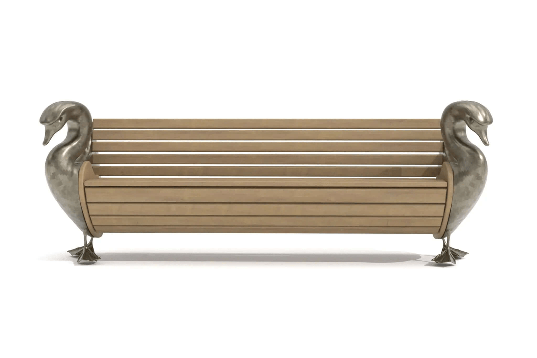 Svan Teak Garden Bench with bronze swan sculptures and teak wood seating in 3D CAD design