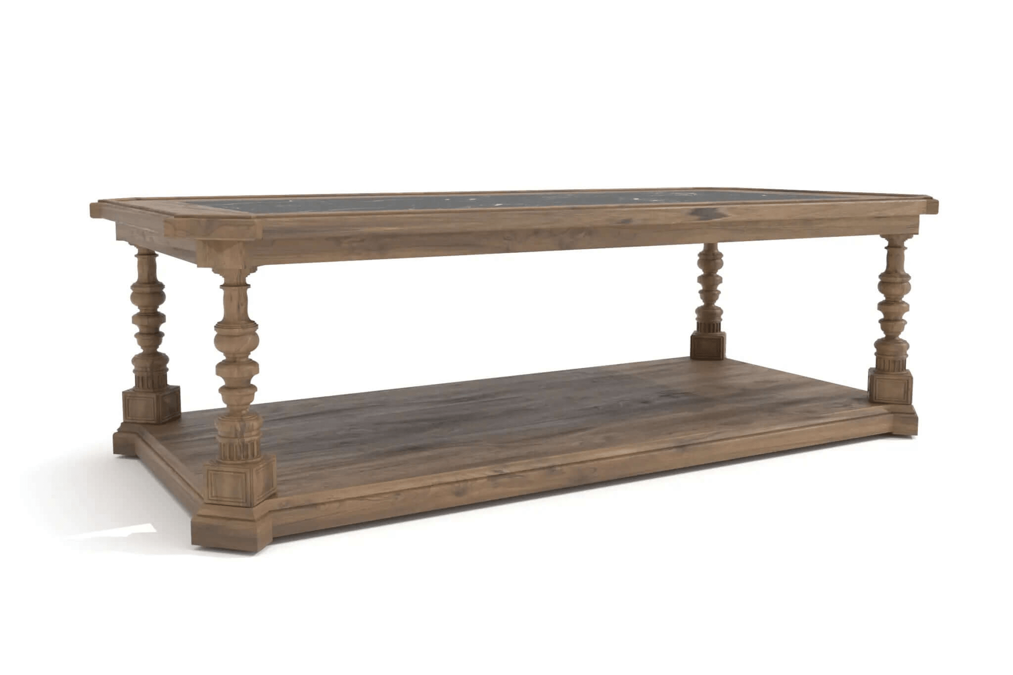 Taran Coffee Table with black marble top, turned wood legs, and lower storage shelf in 3D CAD design