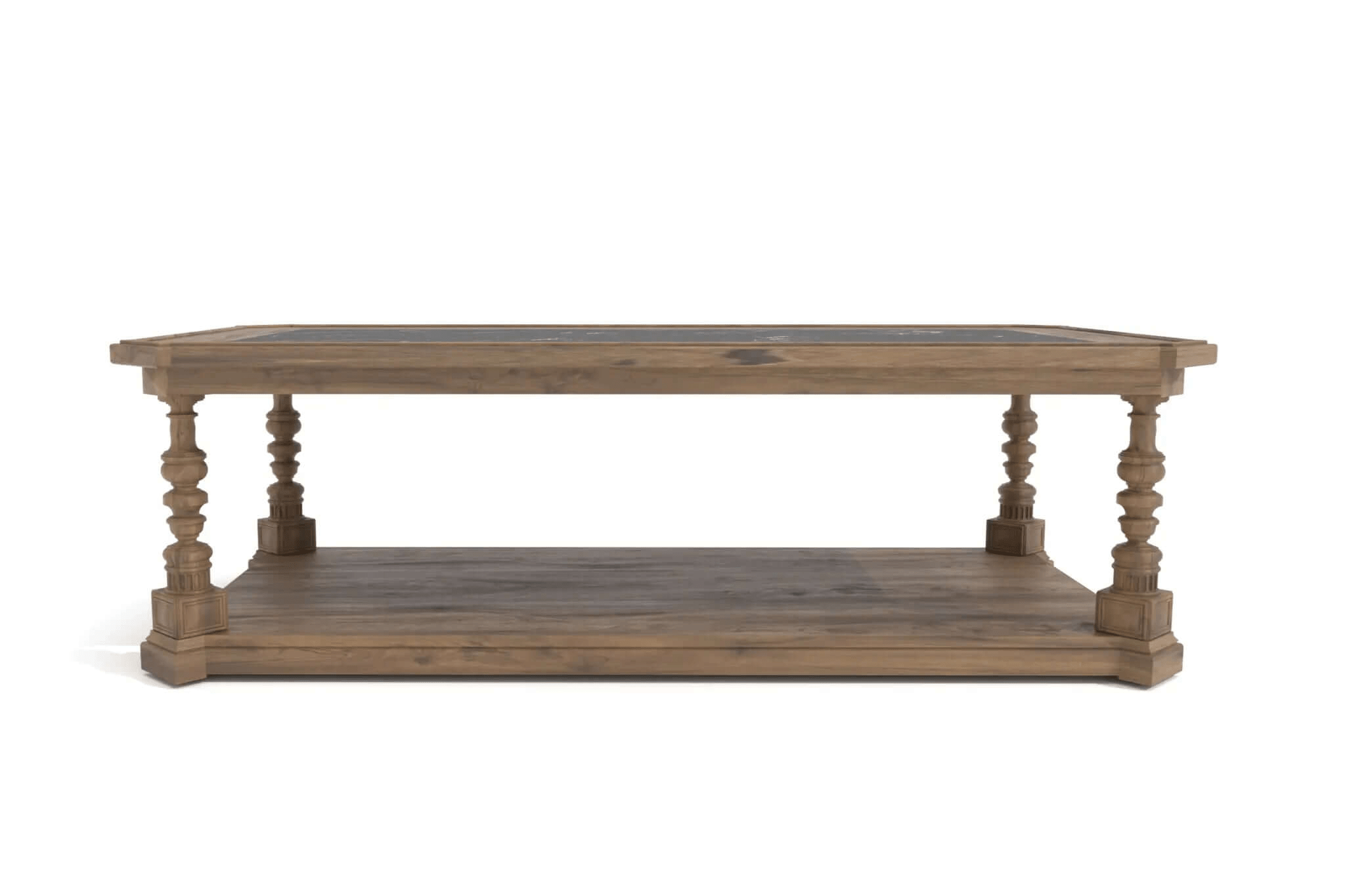 Taran Coffee Table with black marble top, solid wood frame, turned legs, and lower shelf in 3D CAD design