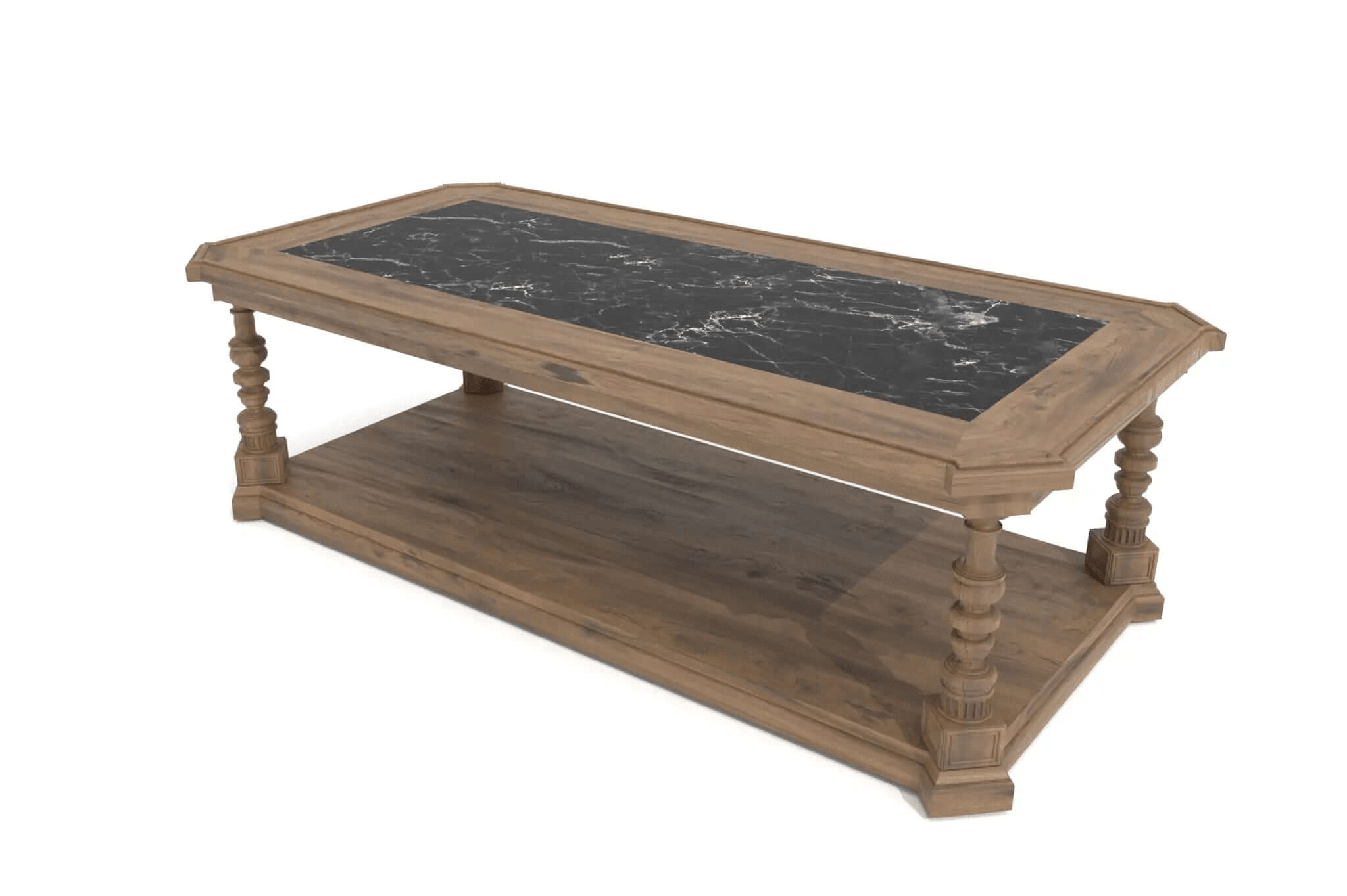 Taran Coffee Table with black marble top and solid wood frame, 3D CAD design