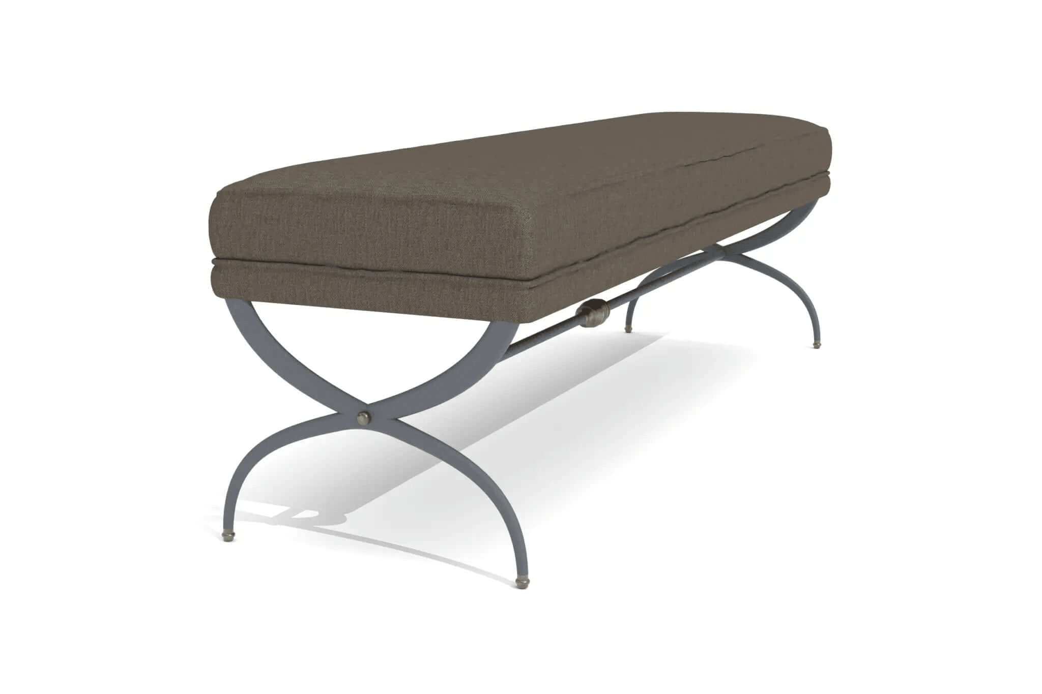 3D CAD design of Taurug Bed-end Bench with upholstered cushion and curved metal X-shaped base