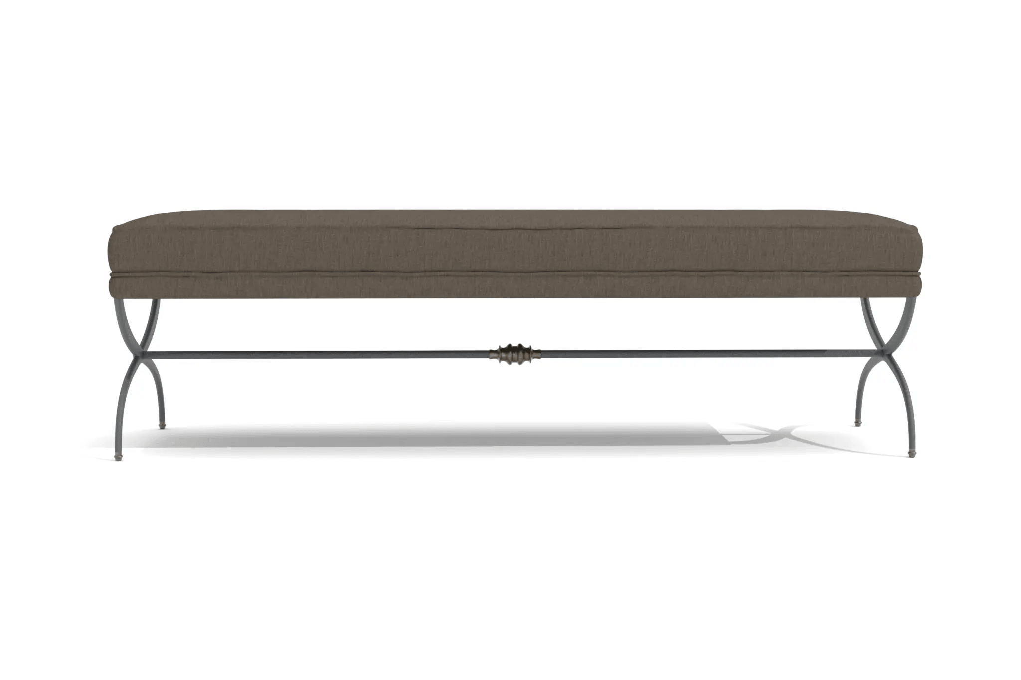 3D CAD design of Taurug Bed-end Bench with upholstered cushion and curved metal X-shaped base