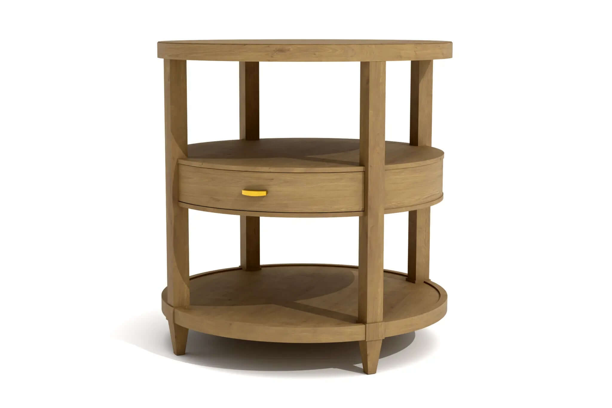 3D CAD model of Teressa Side Table with two-tier round wooden design and brass handle