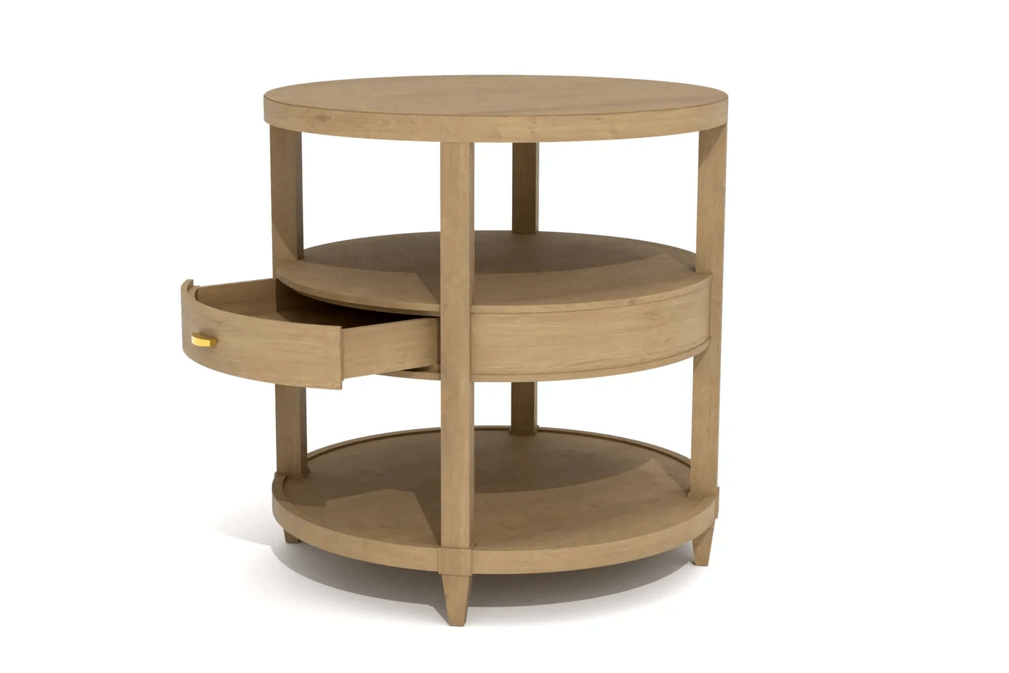 3D CAD rendering of Teressa Side Table with round solid wood design, drawer, and tapered legs