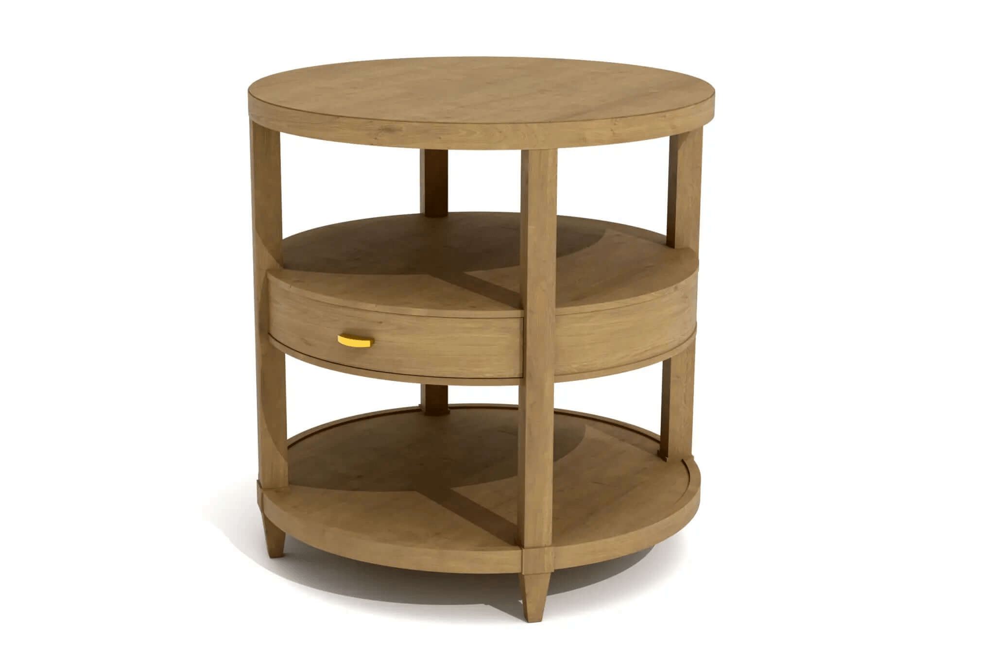3D CAD model of Teressa Side Table with round wooden design, drawer, lower shelf, and brass-finished handle
