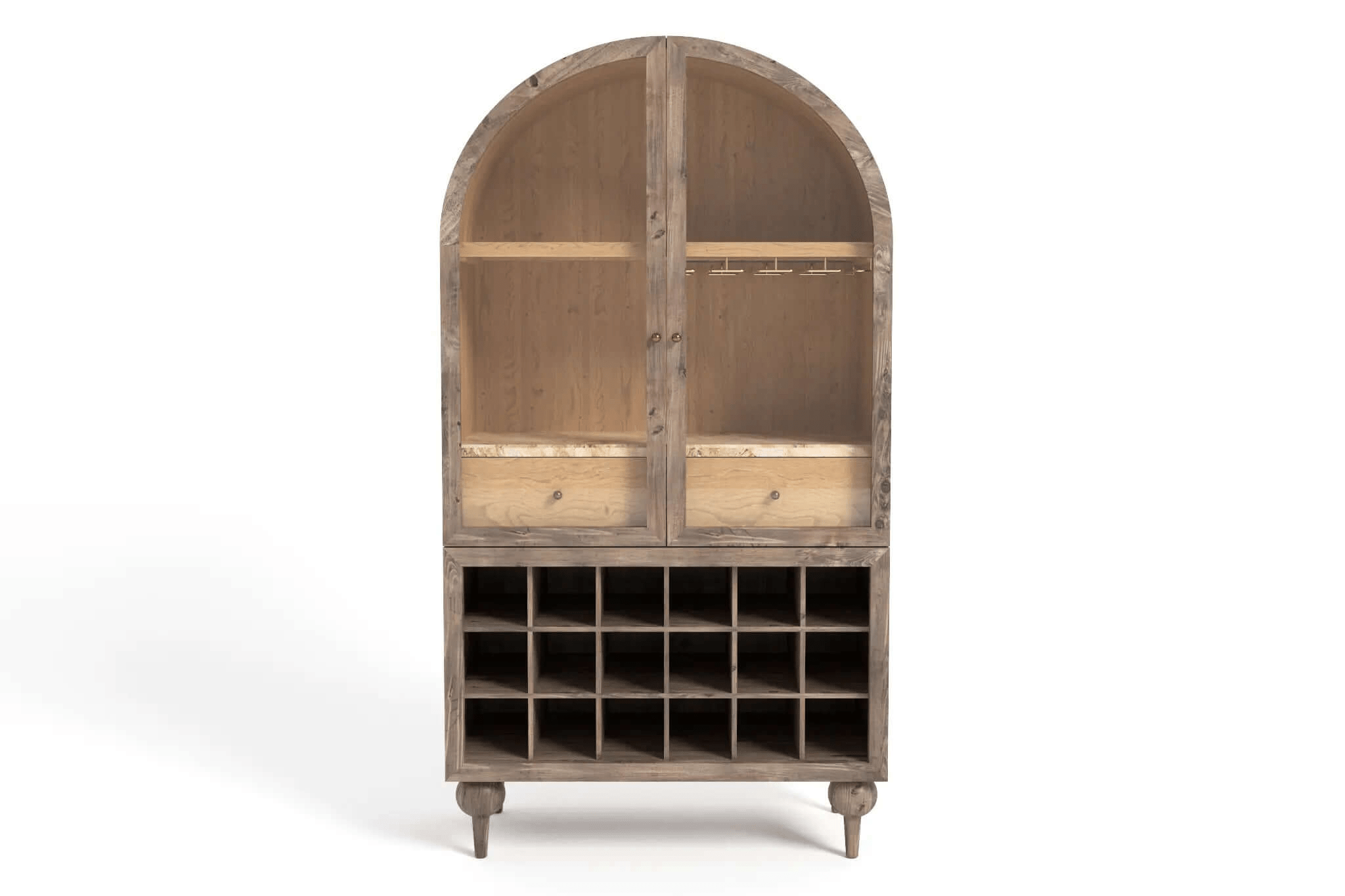 3D CAD design of rustic walnut Titus Bar Cabinet with arched silhouette, brass glass hanger, drawers, and wine rack