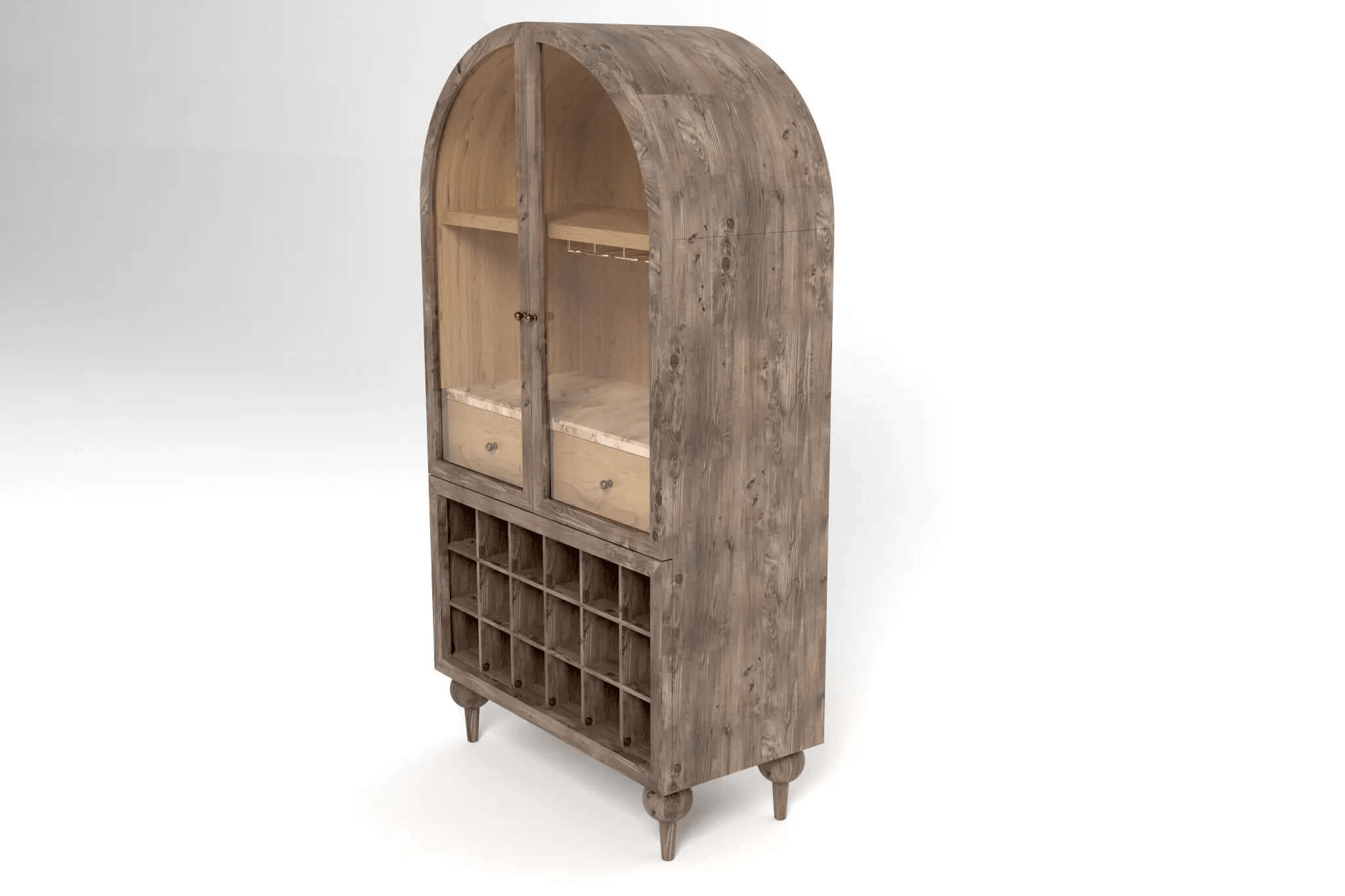 3D CAD rendering of Titus Bar Cabinet in rustic walnut with arched silhouette, storage drawers, brass glass hanger, and wine rack