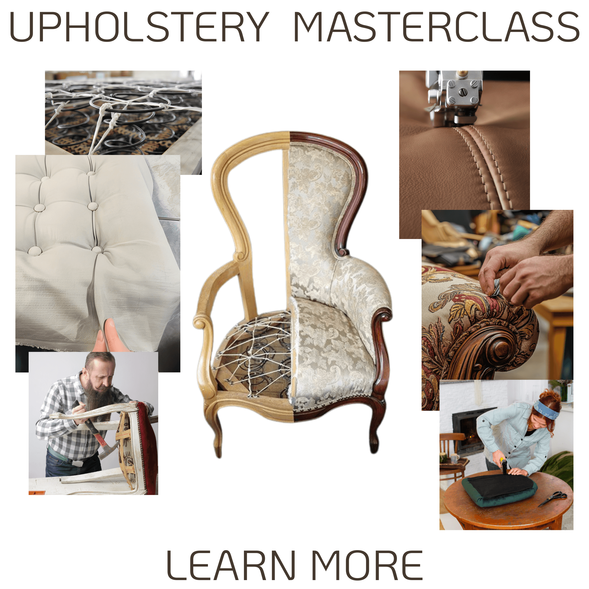 craftsperson upholstering a chair with fabric and padding in a workshop setting