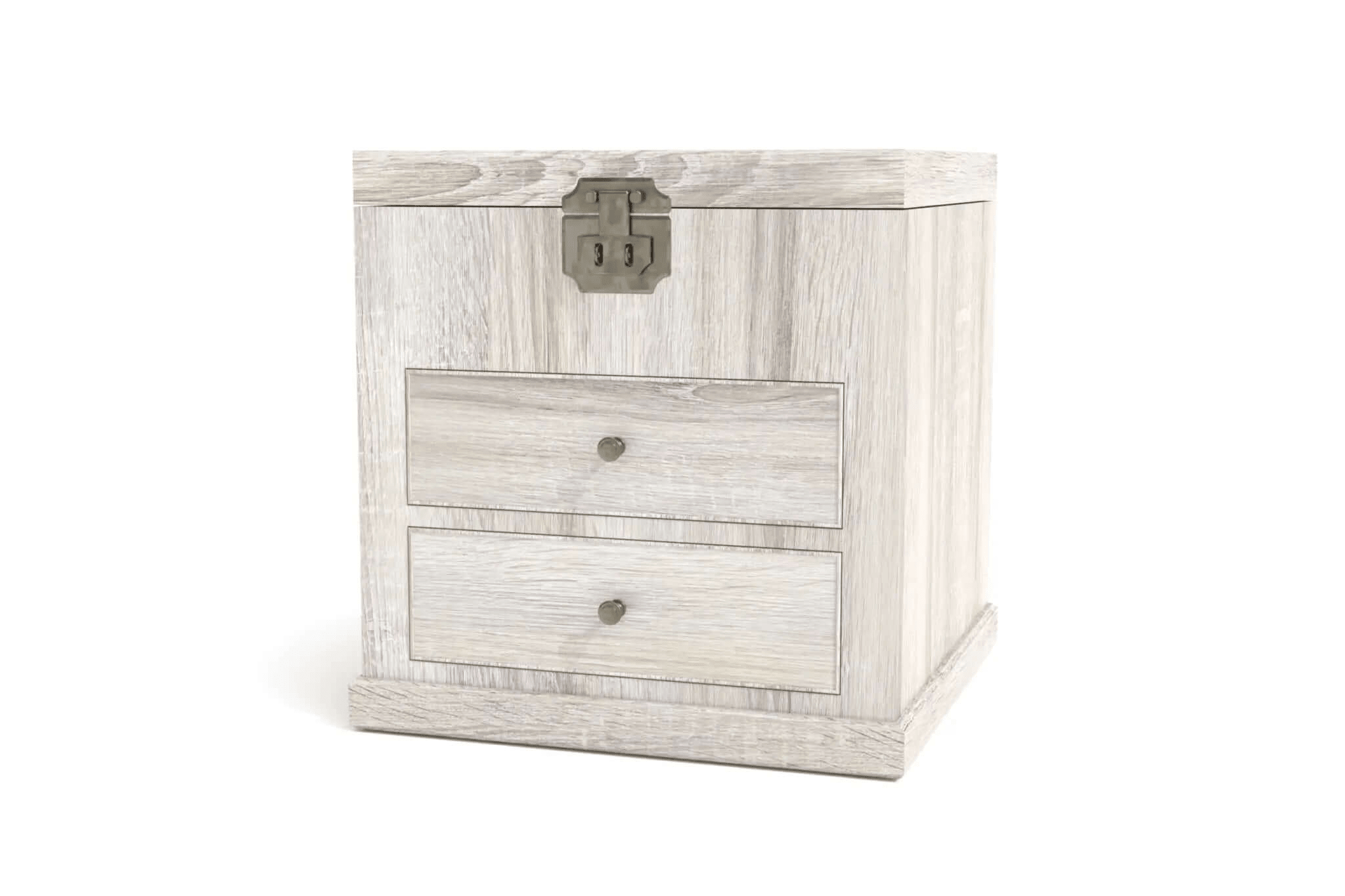 3D CAD rendering of Vincent bedside cabinet with textured wood finish and brass hardware
