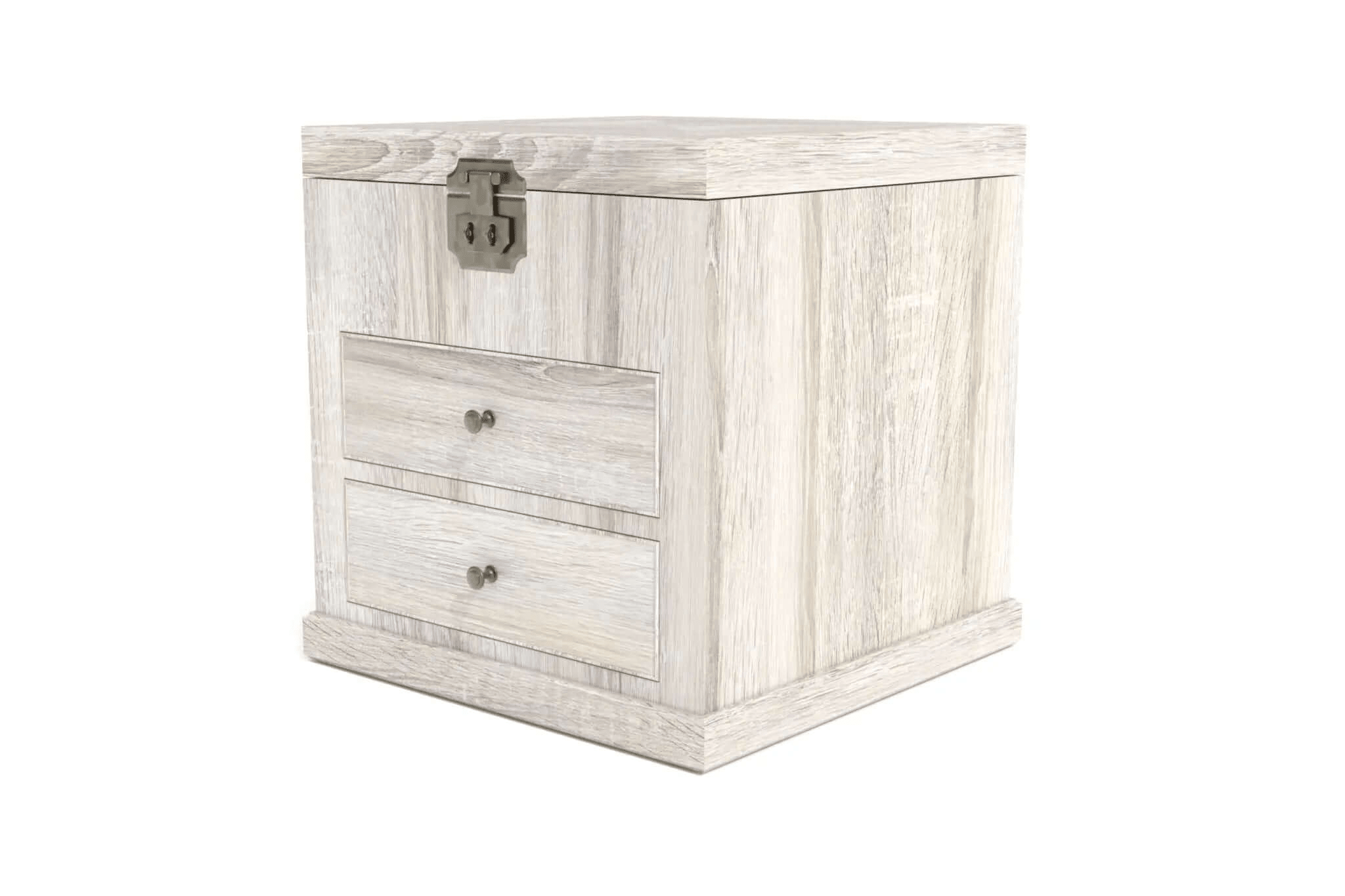 3D CAD rendering of Vincent Bedside Cabinet with textured wood finish and brass hardware