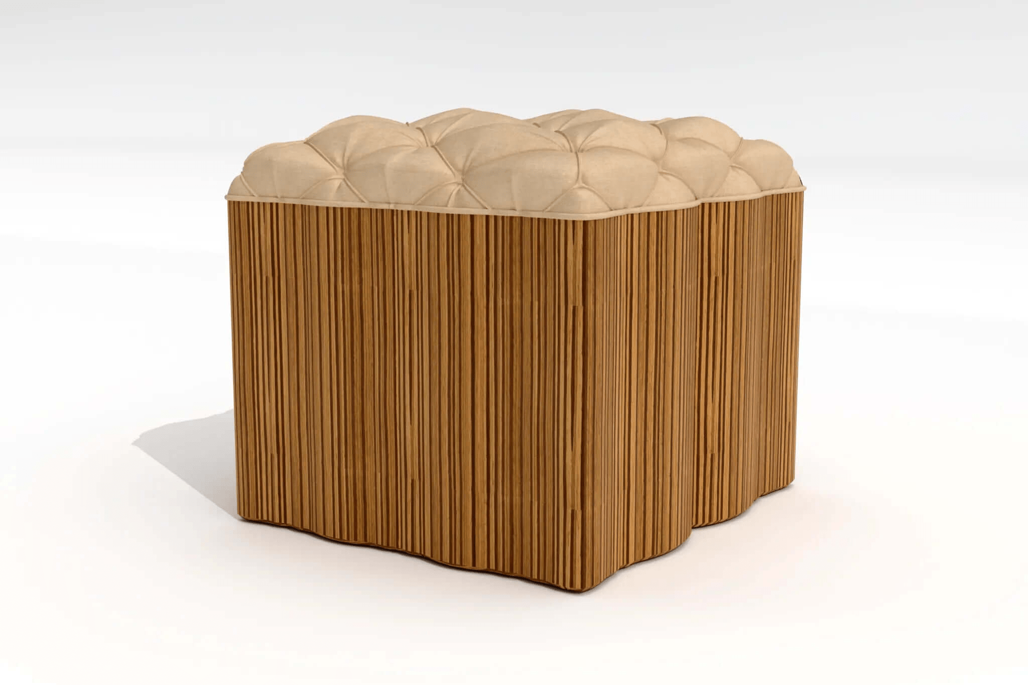 3D CAD design of the Yocatan Ottoman with ribbed wooden base and tufted upholstered top