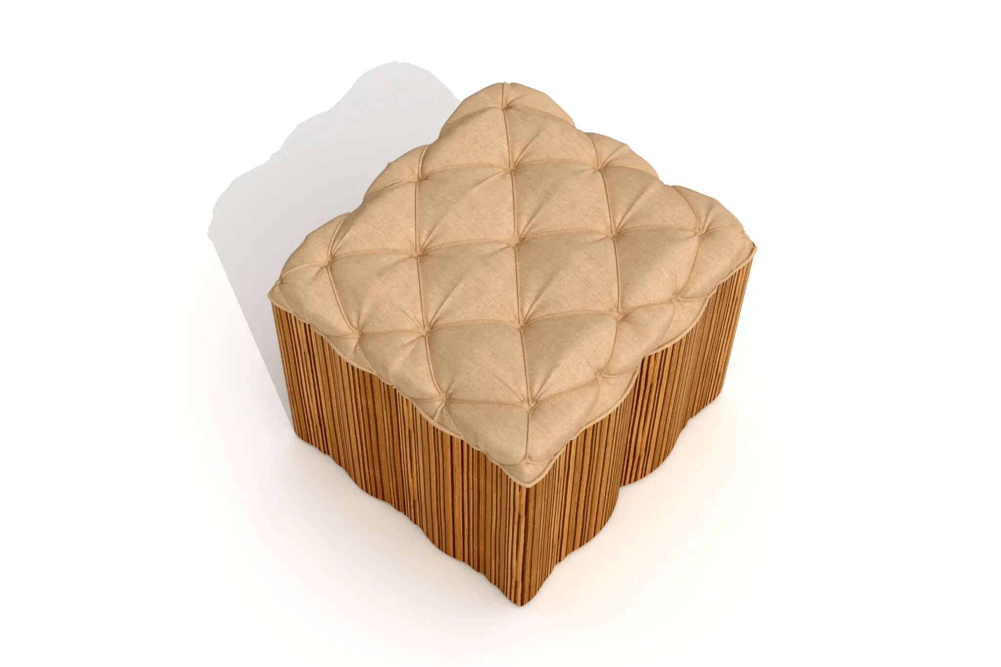 3D CAD design of Yocatan Ottoman with tufted upholstery and ribbed wooden base